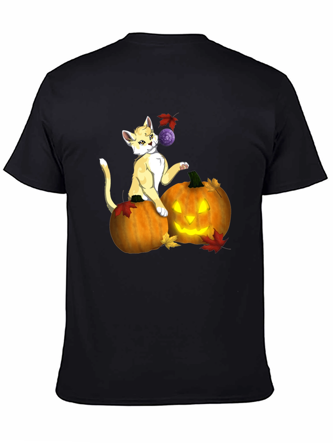Halloween Cat & Pumpkin Black T-Shirt