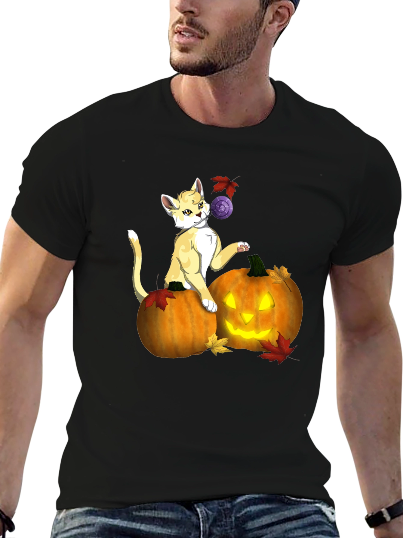 Halloween Cat & Pumpkin Black T-Shirt
