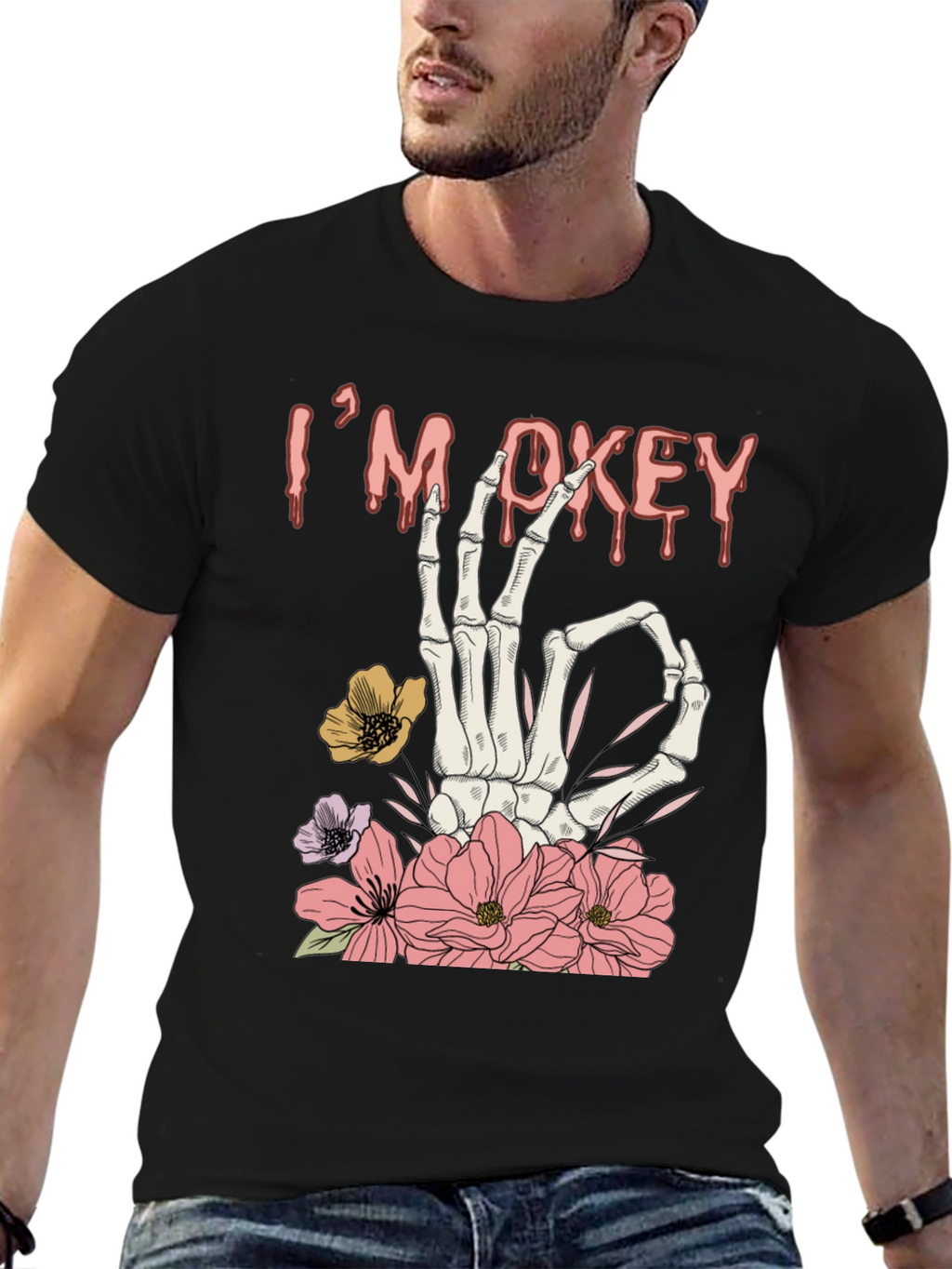 Im Okey Skeleton Hand Floral Graphic T-Shirt