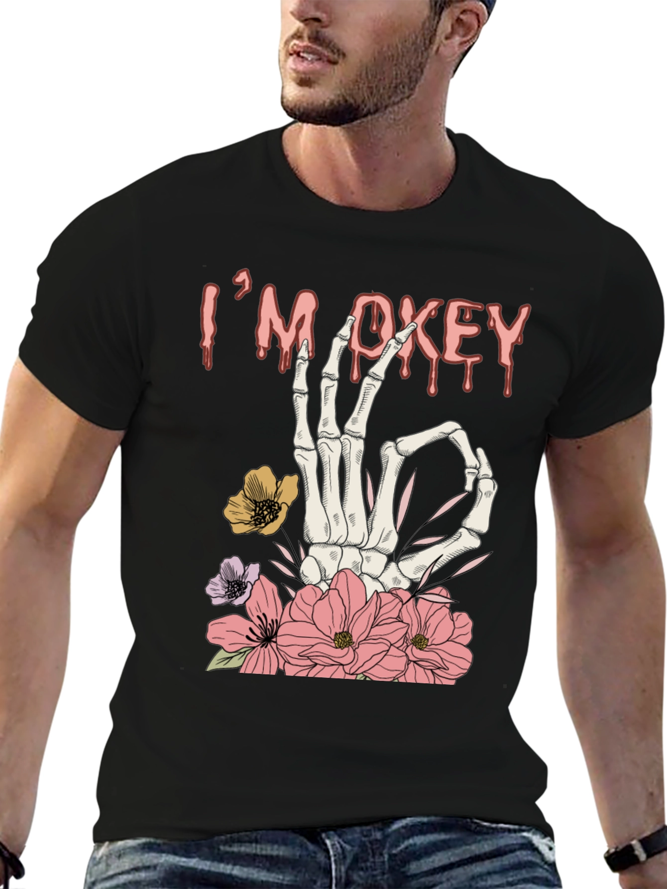 Im Okey Skeleton Hand Floral Graphic T-Shirt