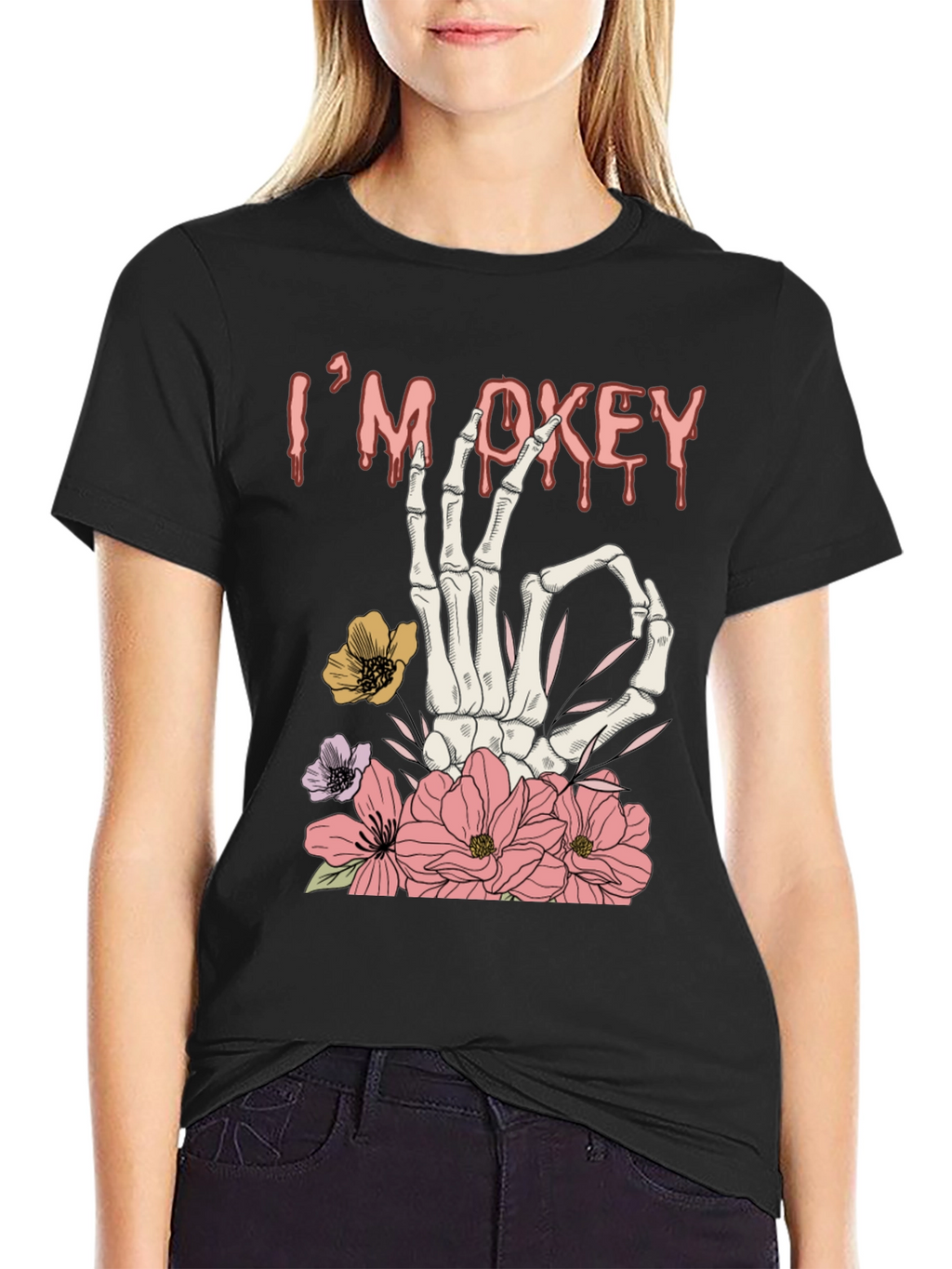 Im Okey Skeleton Hand Floral Graphic T-Shirt