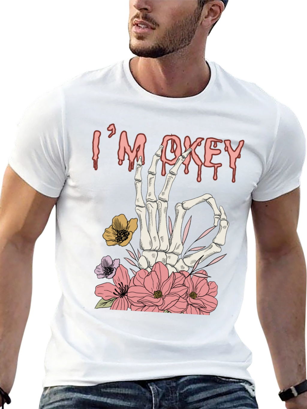 Im Okey Skeleton Hand Floral Graphic T-Shirt