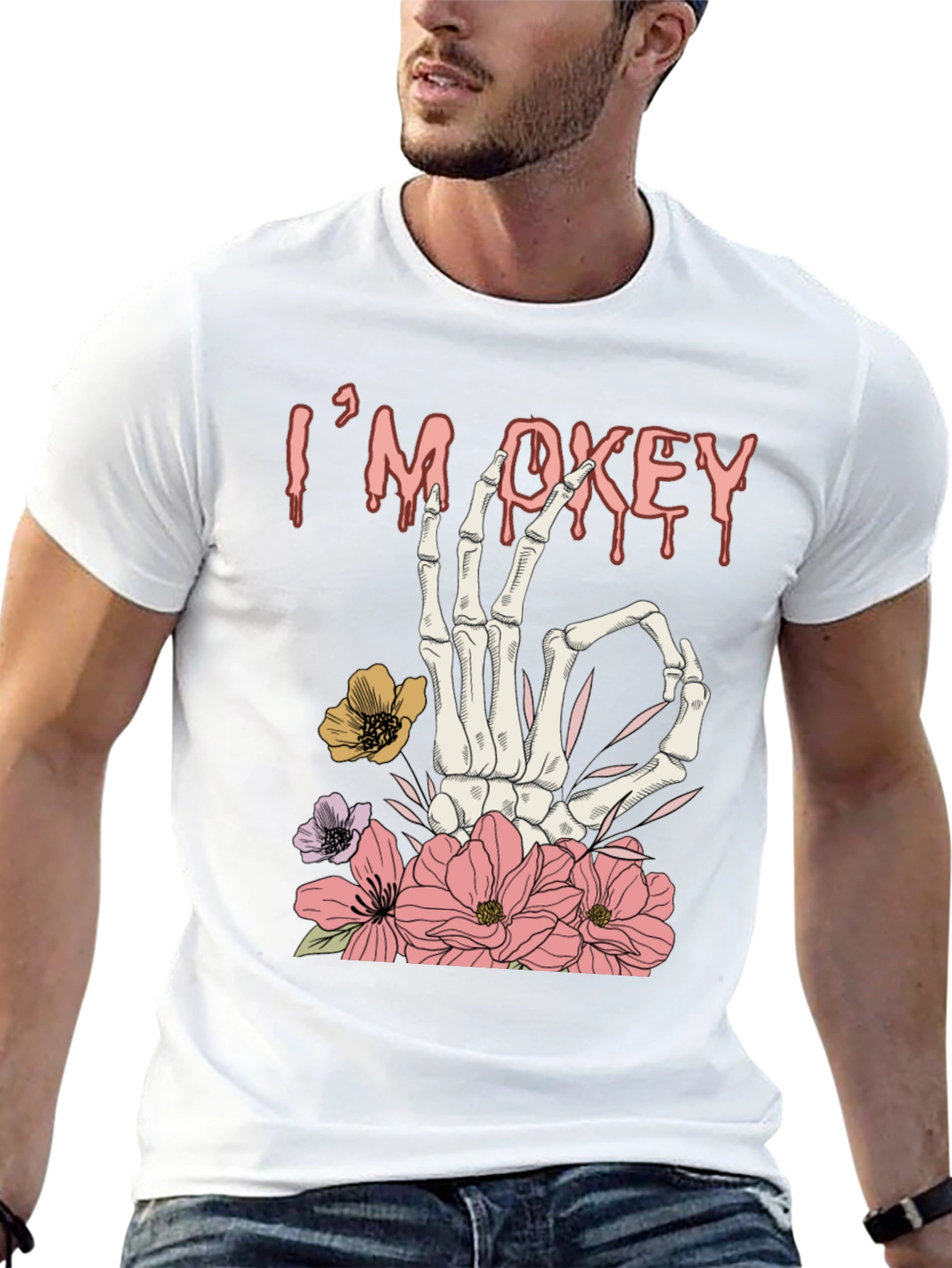 Im Okey Skeleton Hand Floral Graphic T-Shirt