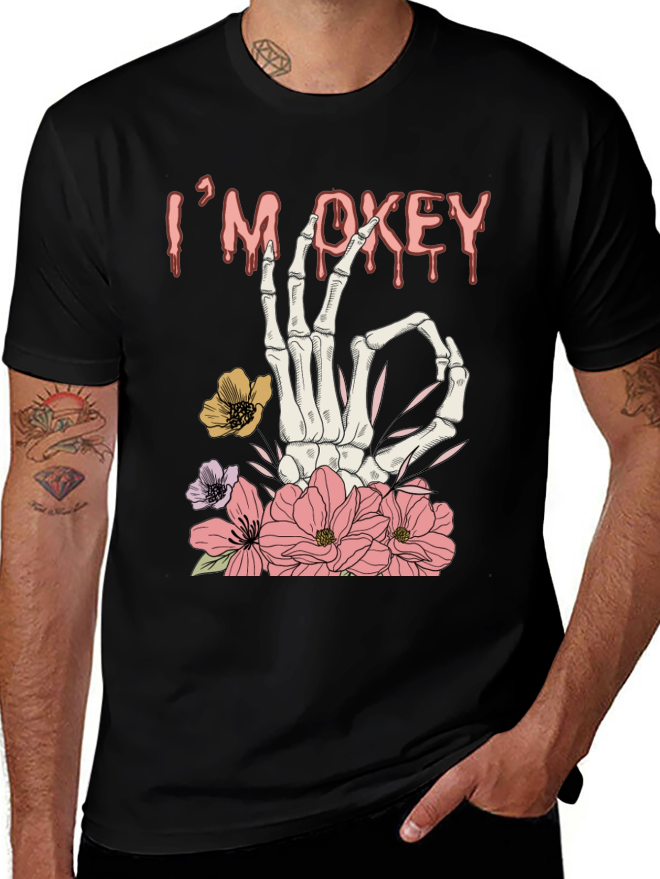 Im Okey Skeleton Hand Floral Graphic T-Shirt