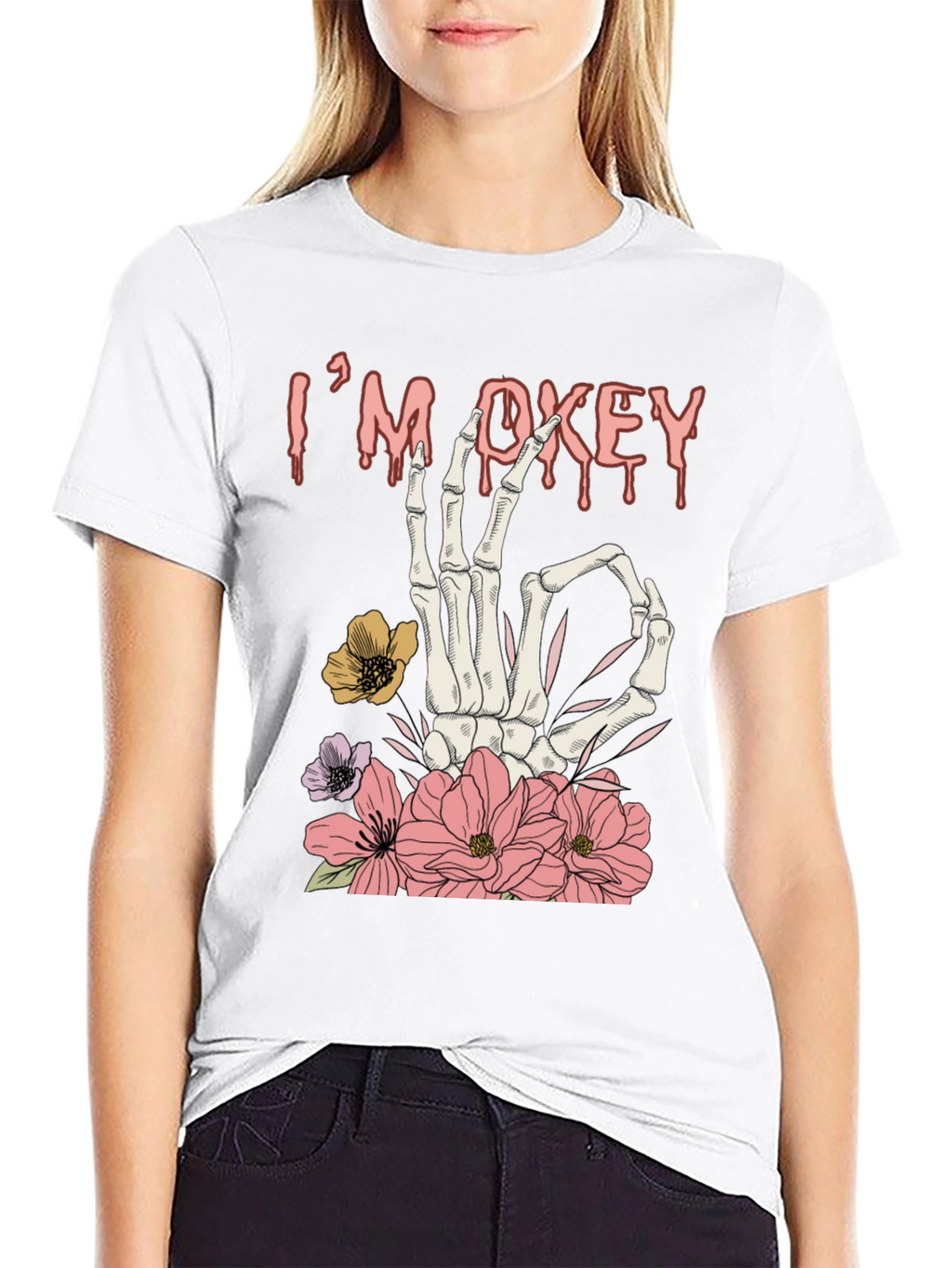 Im Okey Skeleton Hand Floral Graphic T-Shirt