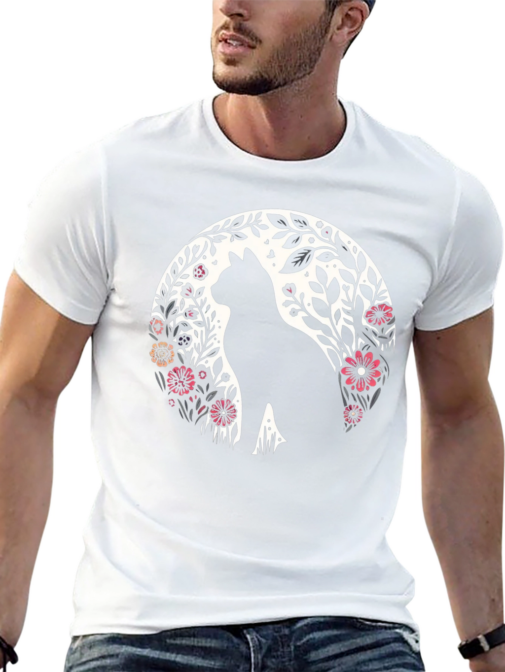 Floral Cat Silhouette T-Shirt