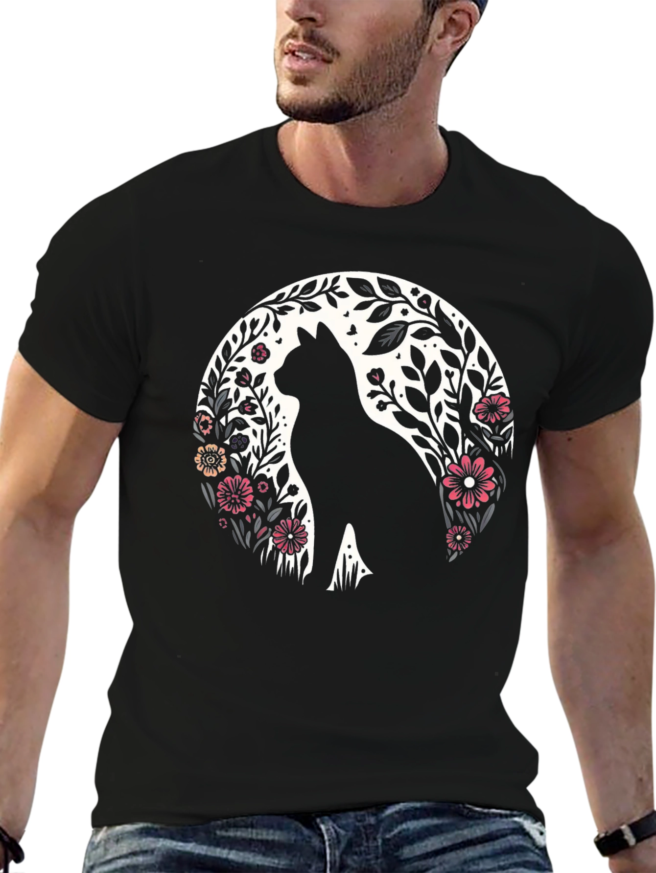 Floral Cat Silhouette T-Shirt