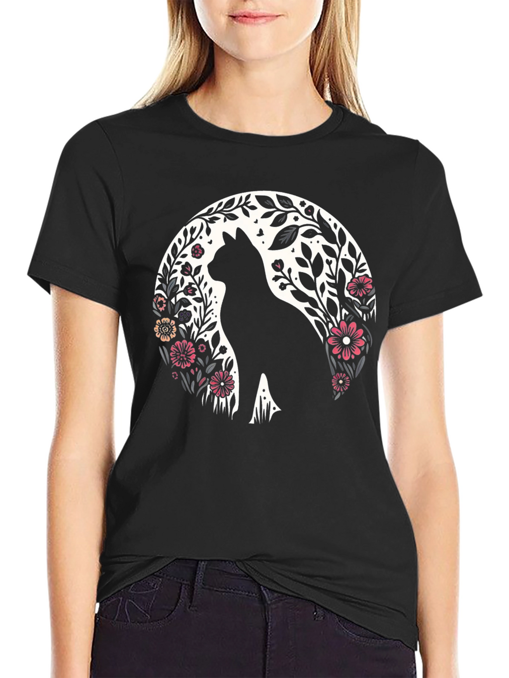 Floral Cat Silhouette T-Shirt