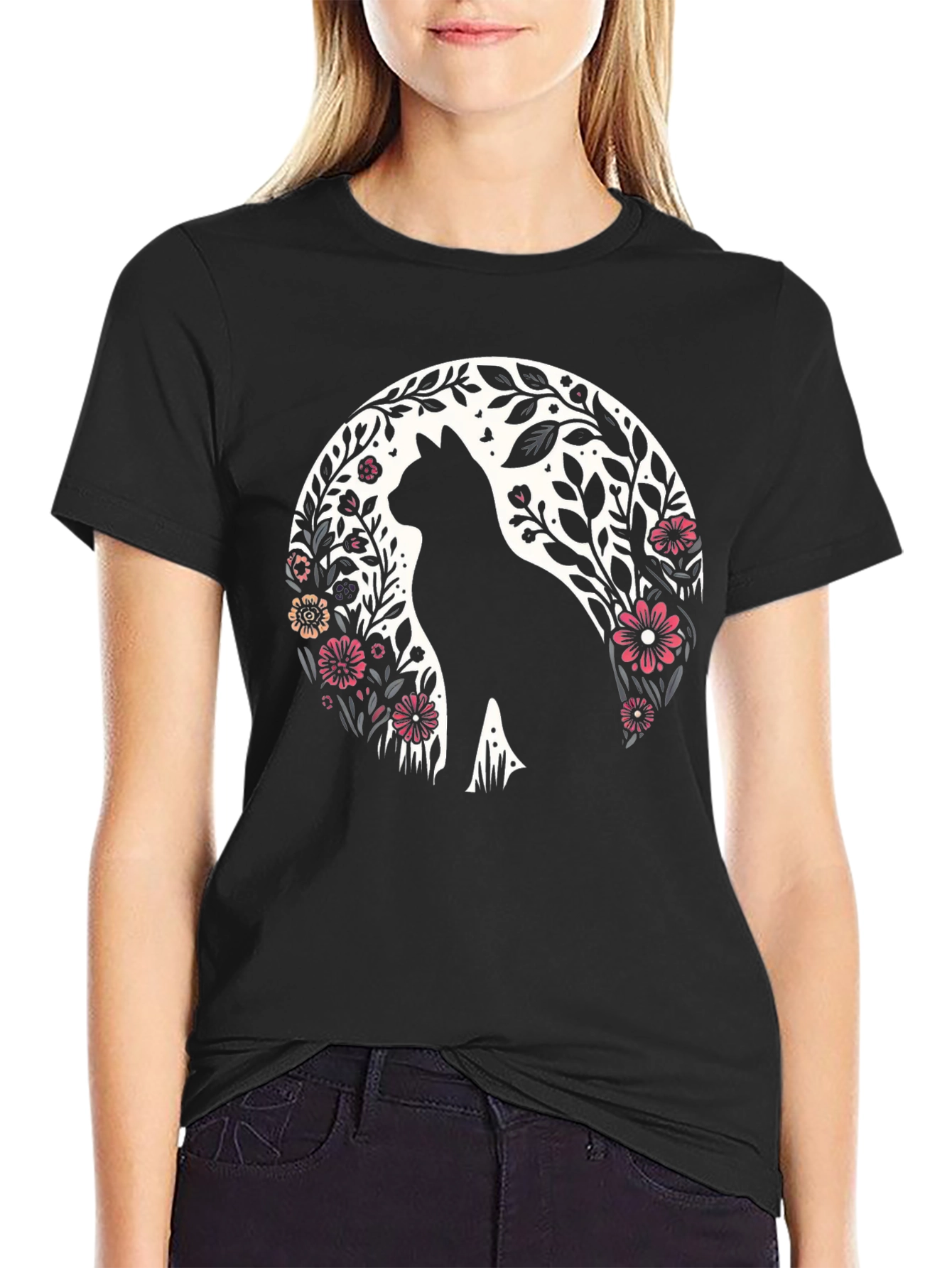 Floral Cat Silhouette T-Shirt