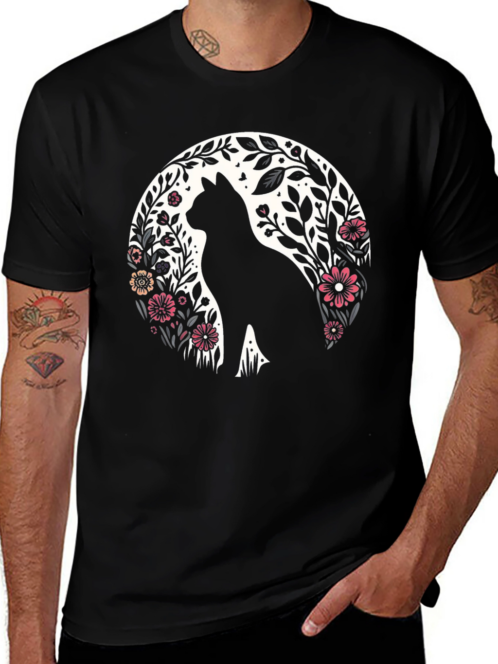 Floral Cat Silhouette T-Shirt
