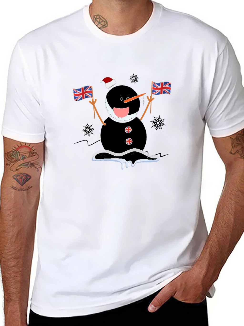 Novelty Black Snowman with Flags T-Shirt