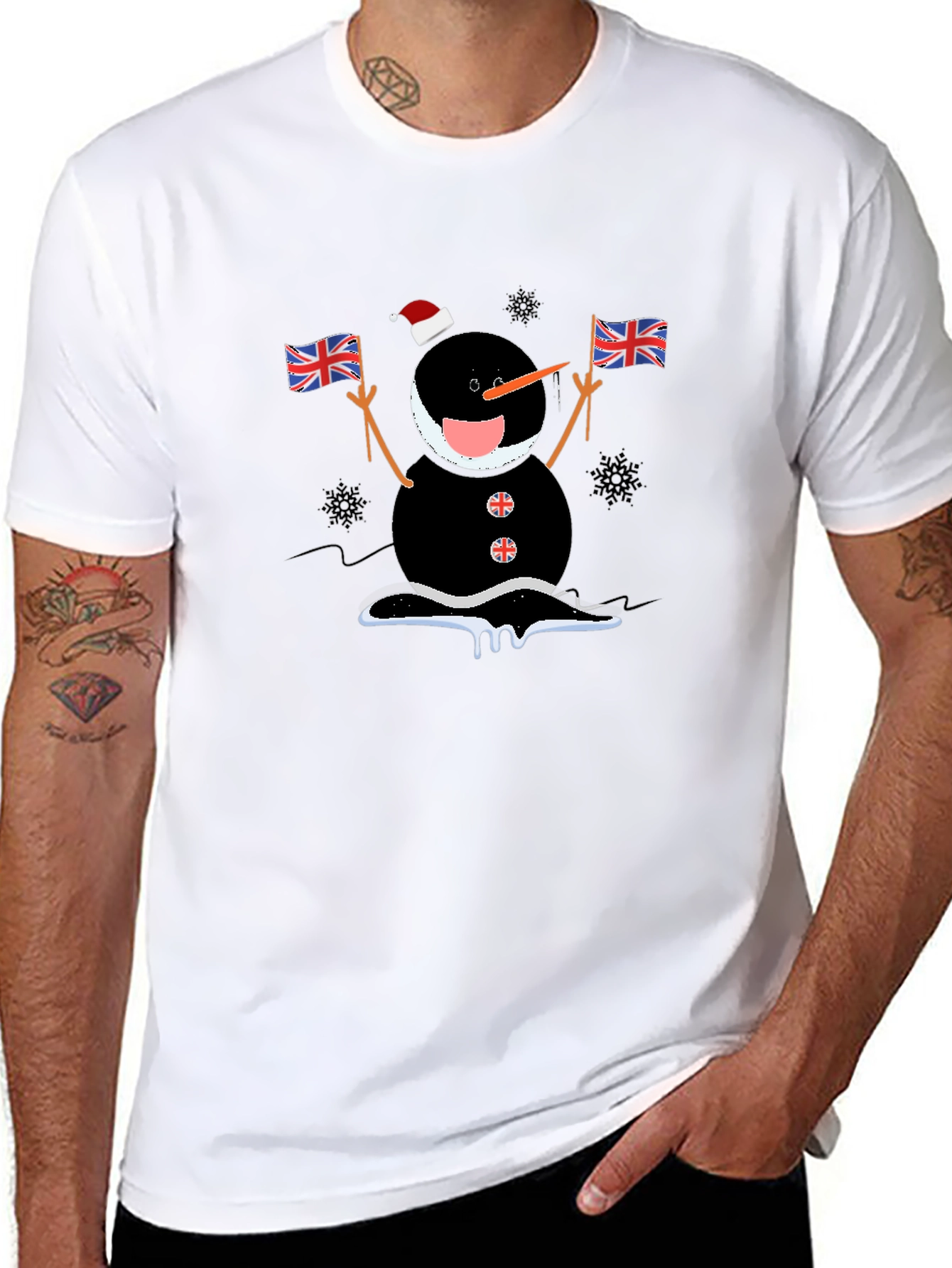 Novelty Black Snowman with Flags T-Shirt