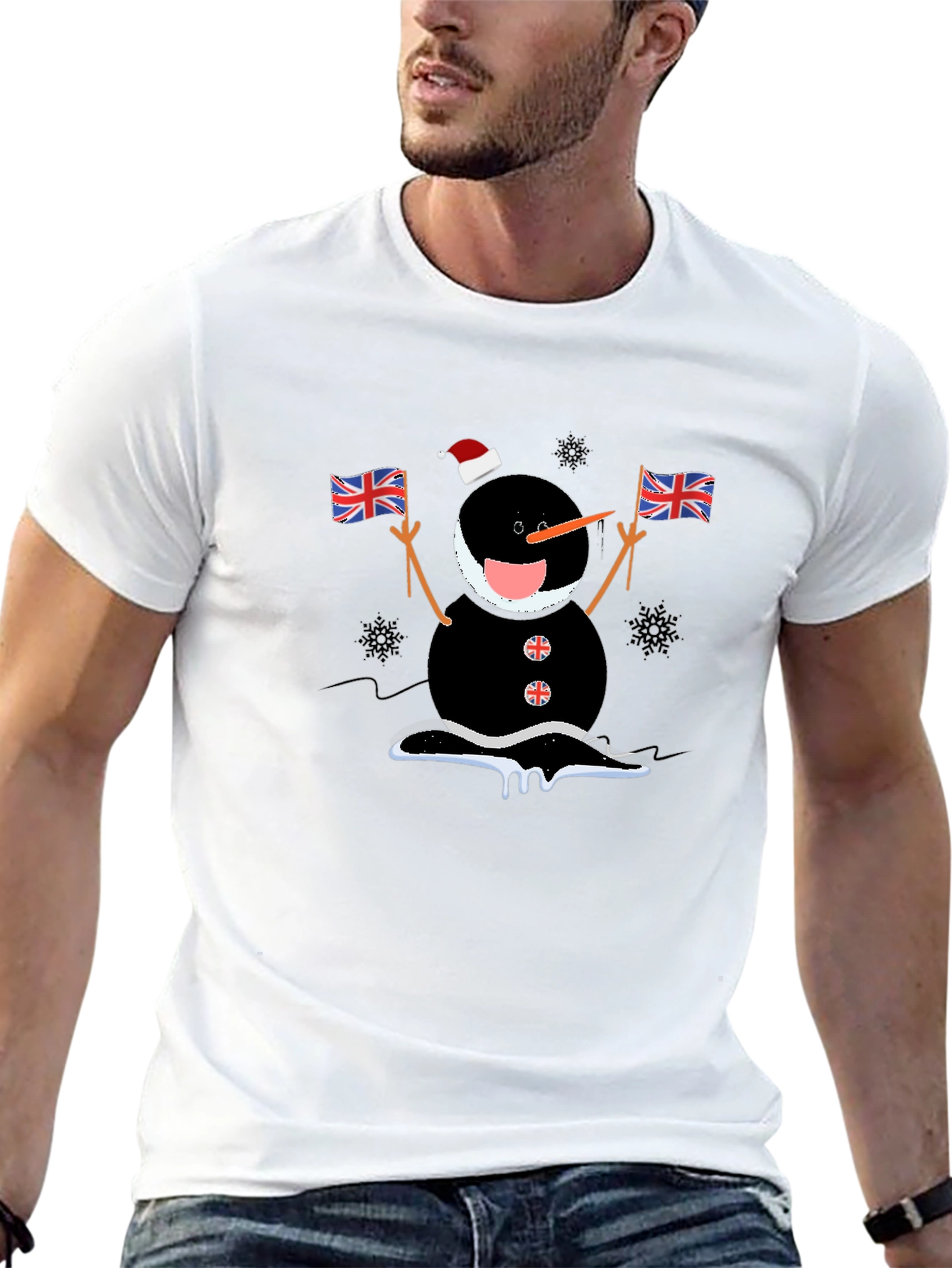 Novelty Black Snowman with Flags T-Shirt