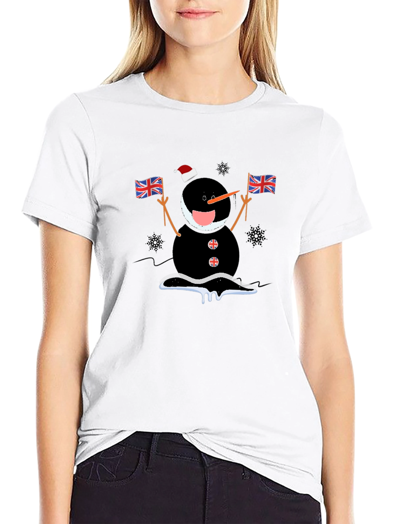 Novelty Black Snowman with Flags T-Shirt