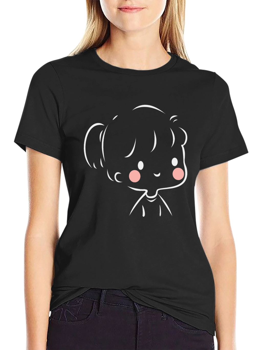 Cute Cartoon Girl Black T-Shirt