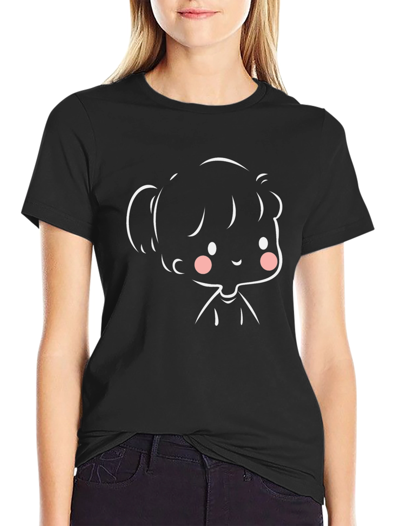Cute Cartoon Girl Black T-Shirt