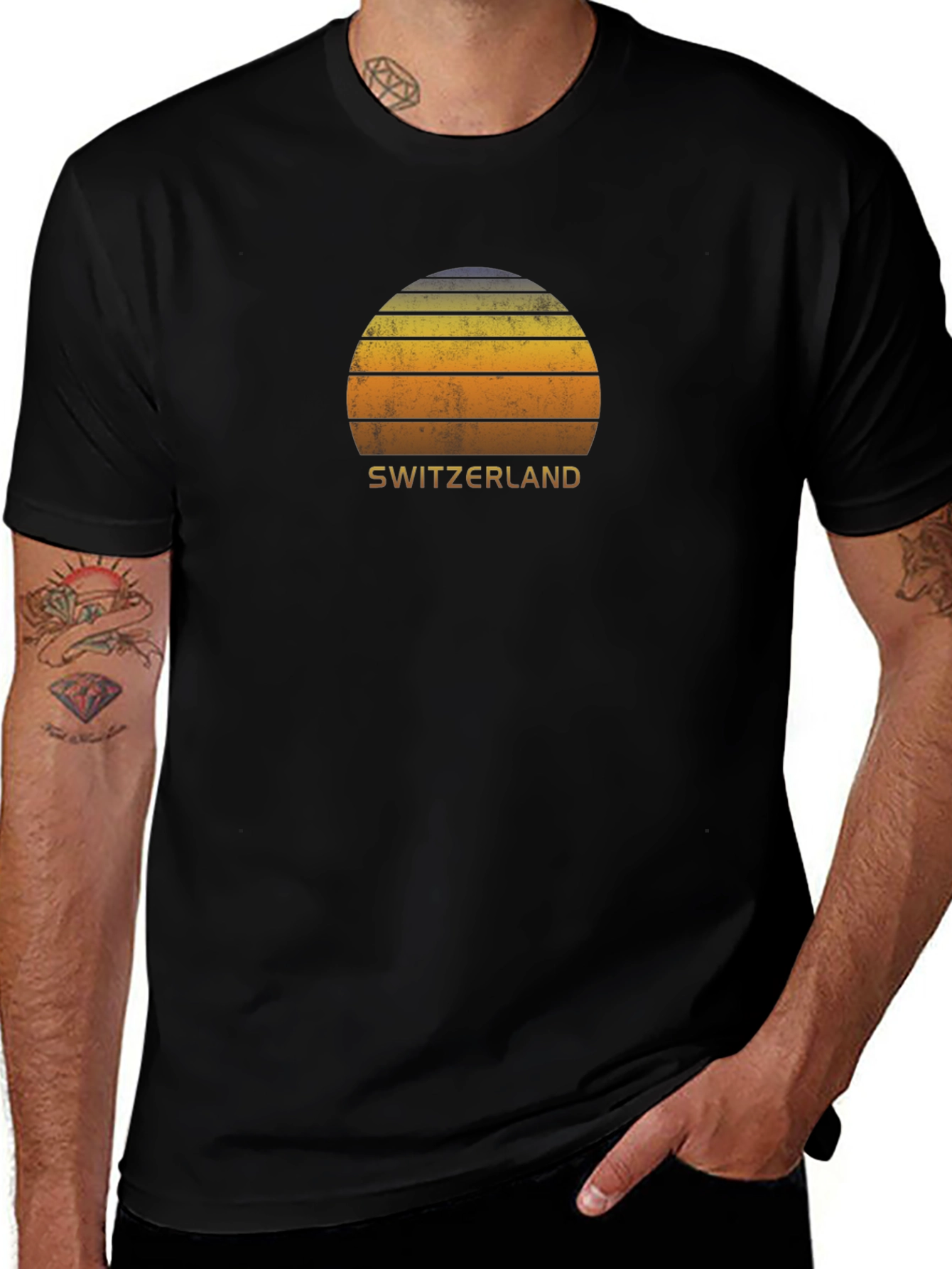 Switzerland Sunset Graphic Tee - Retro Style Black T-Shirt