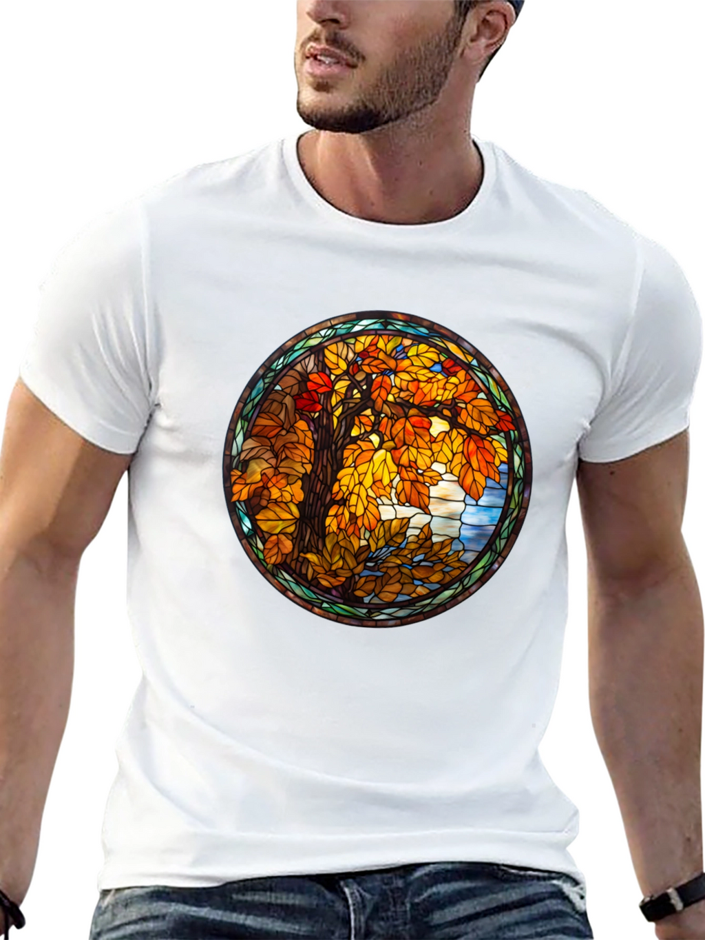 Autumn Tree Stained Glass Graphic Tee - Black