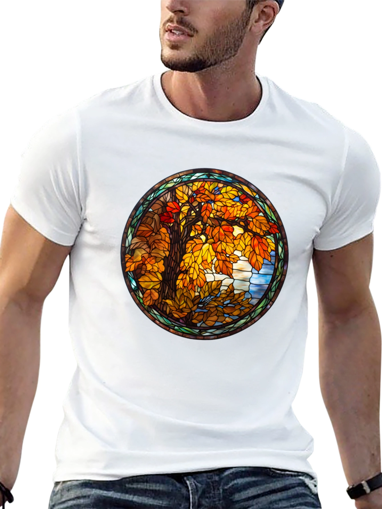Autumn Tree Stained Glass Graphic Tee - Black
