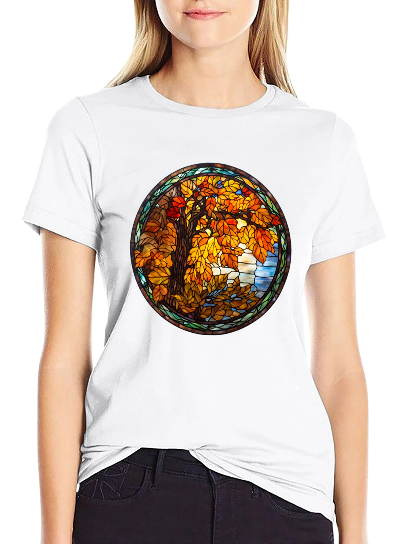 Autumn Tree Stained Glass Graphic Tee - Black