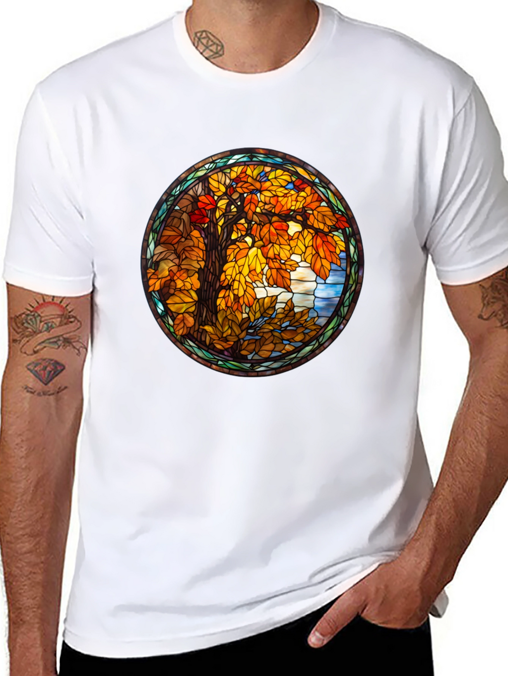 Autumn Tree Stained Glass Graphic Tee - Black