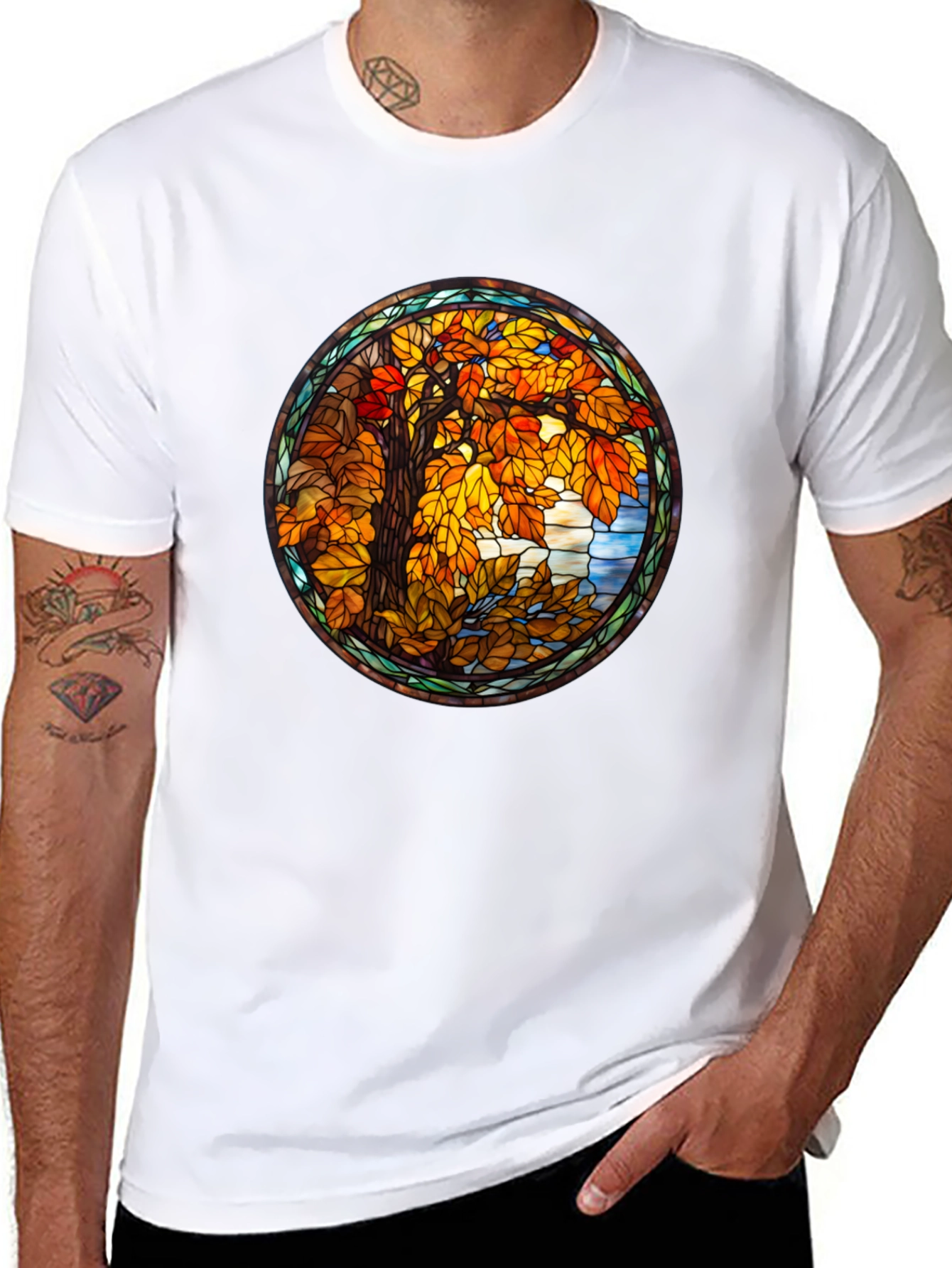Autumn Tree Stained Glass Graphic Tee - Black