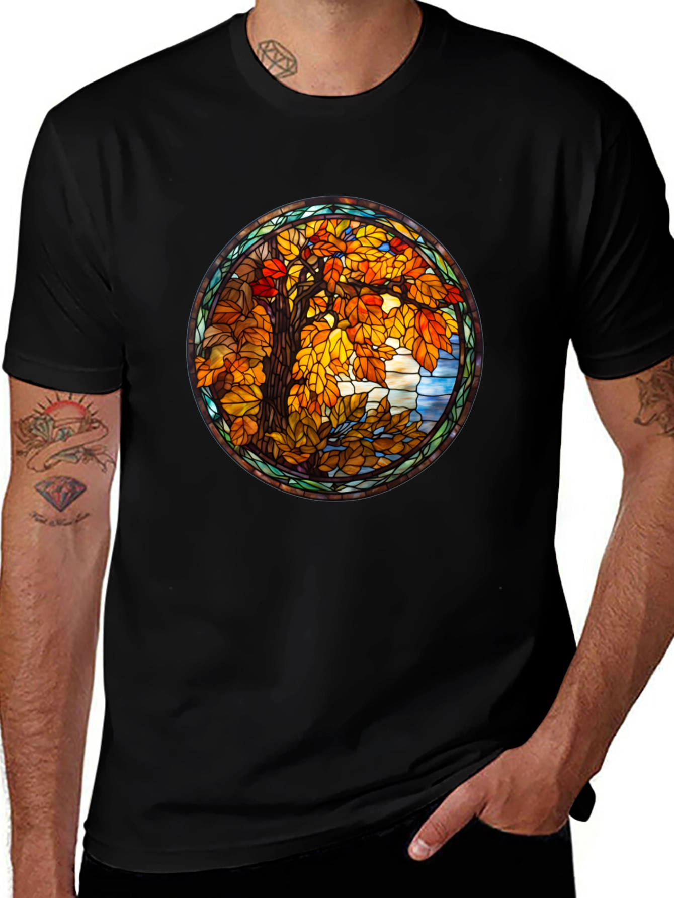 Autumn Tree Stained Glass Graphic Tee - Black