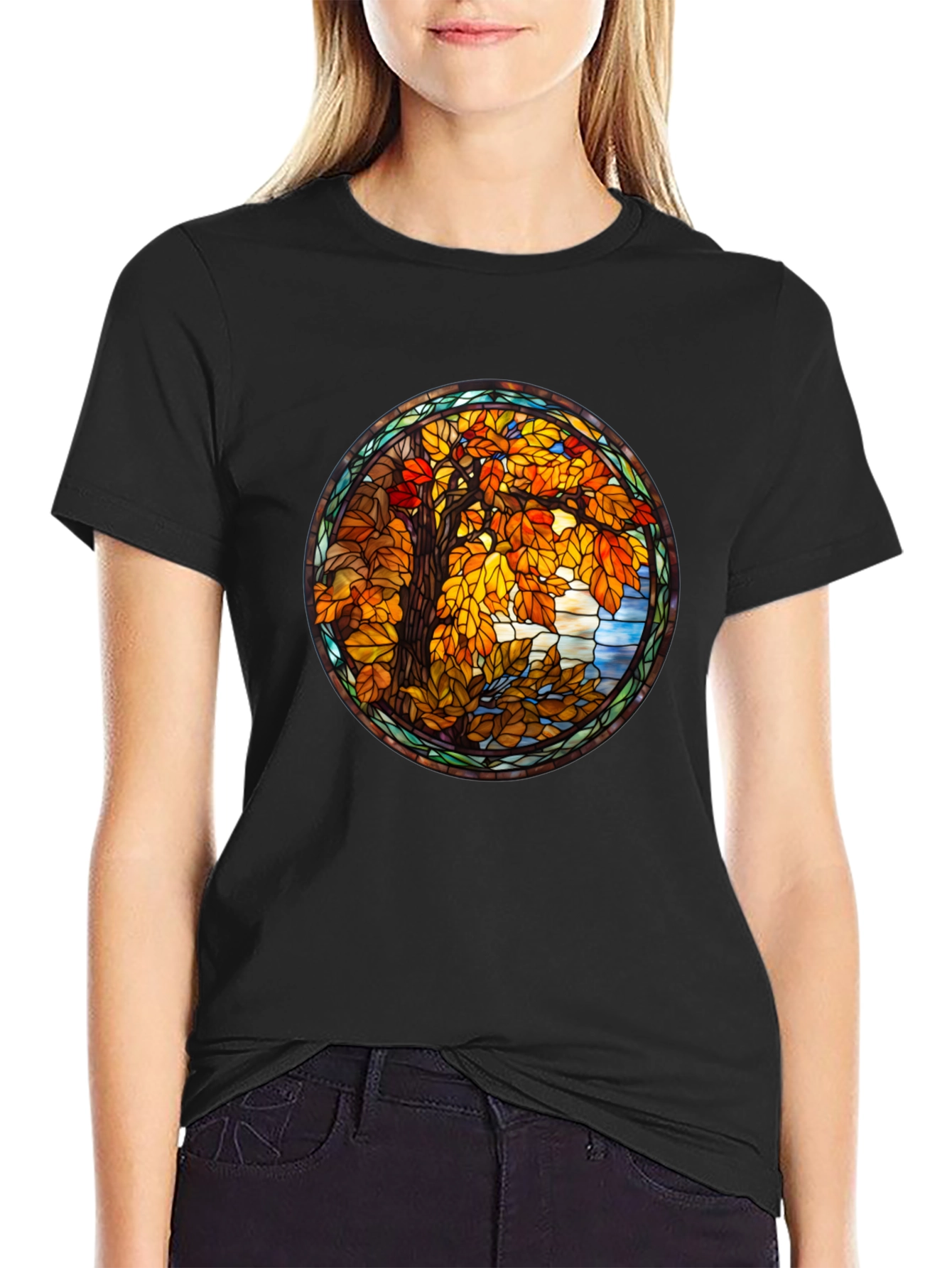 Autumn Tree Stained Glass Graphic Tee - Black