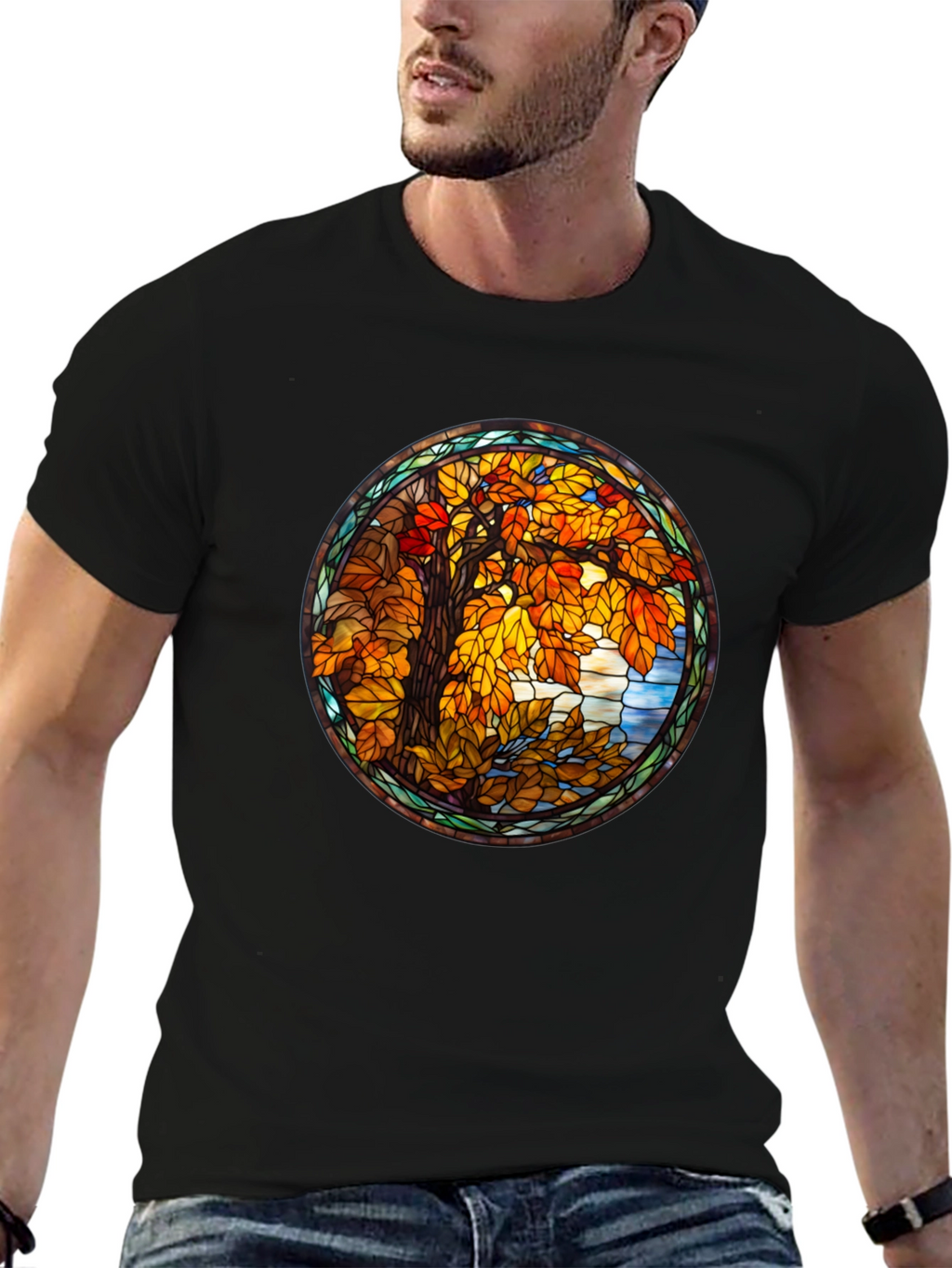 Autumn Tree Stained Glass Graphic Tee - Black