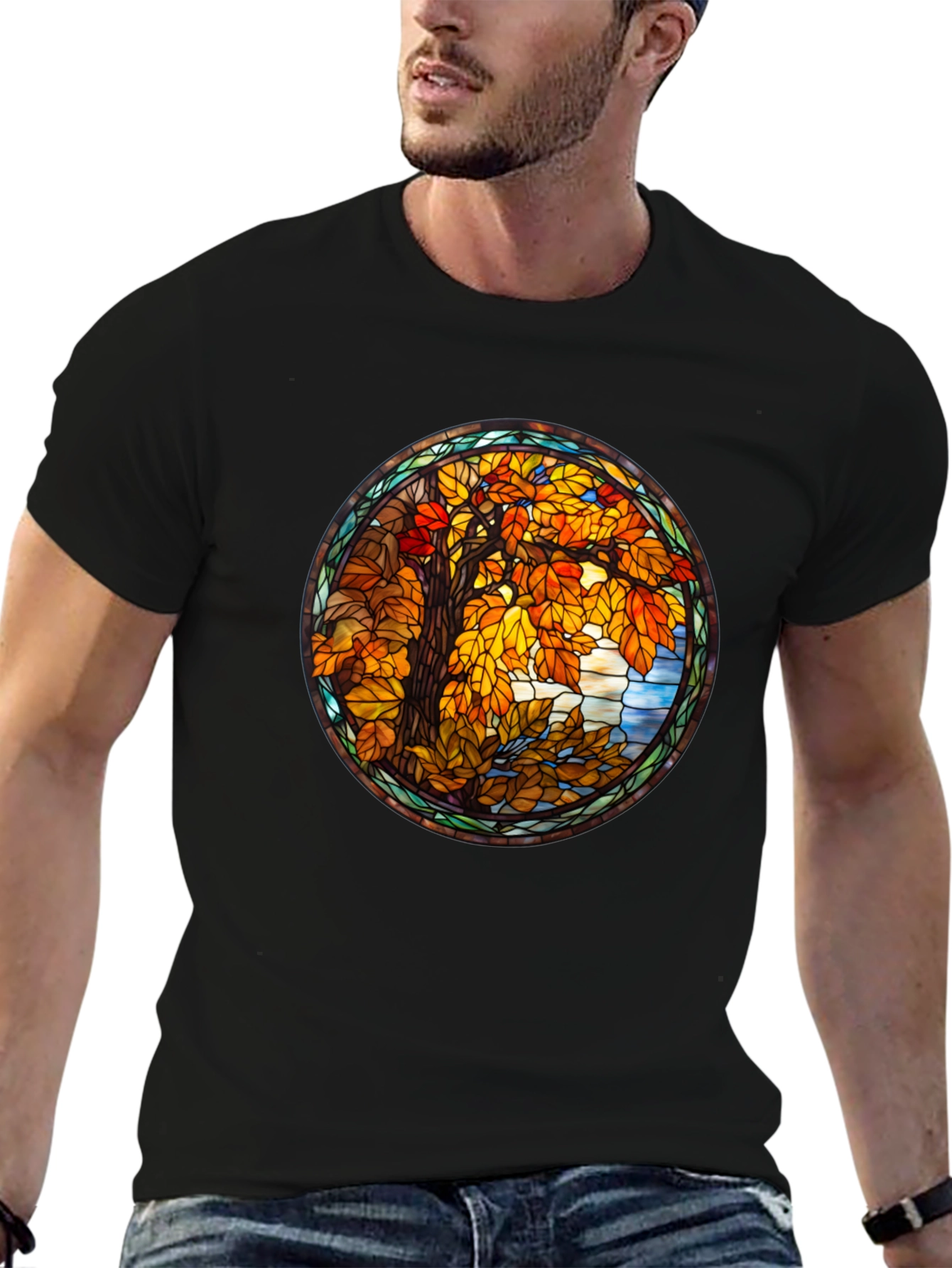 Autumn Tree Stained Glass Graphic Tee - Black
