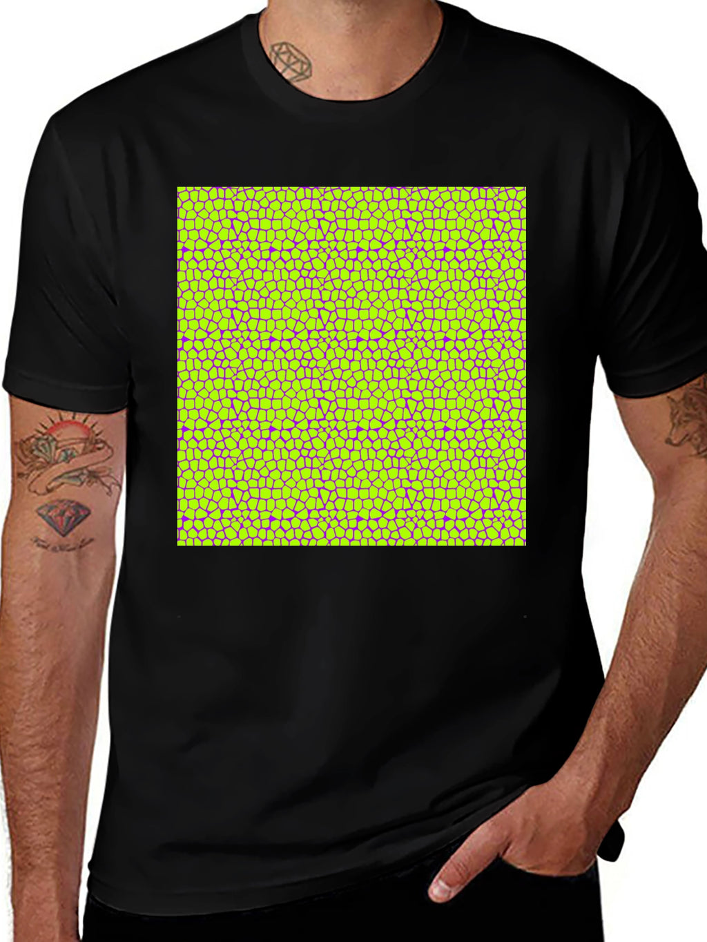Vibrant Geometric Mosaic Print Black T-Shirt