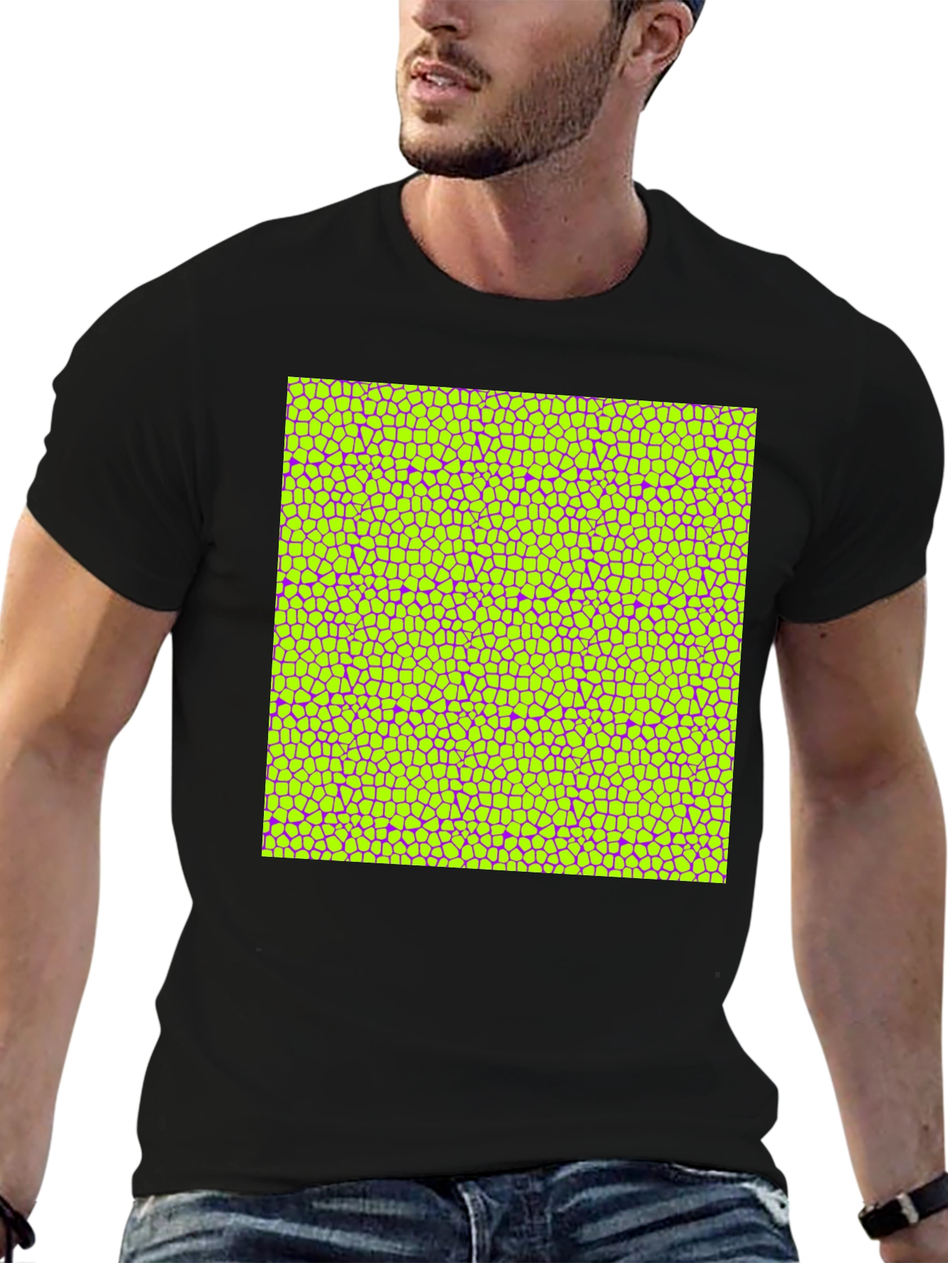 Vibrant Geometric Mosaic Print Black T-Shirt