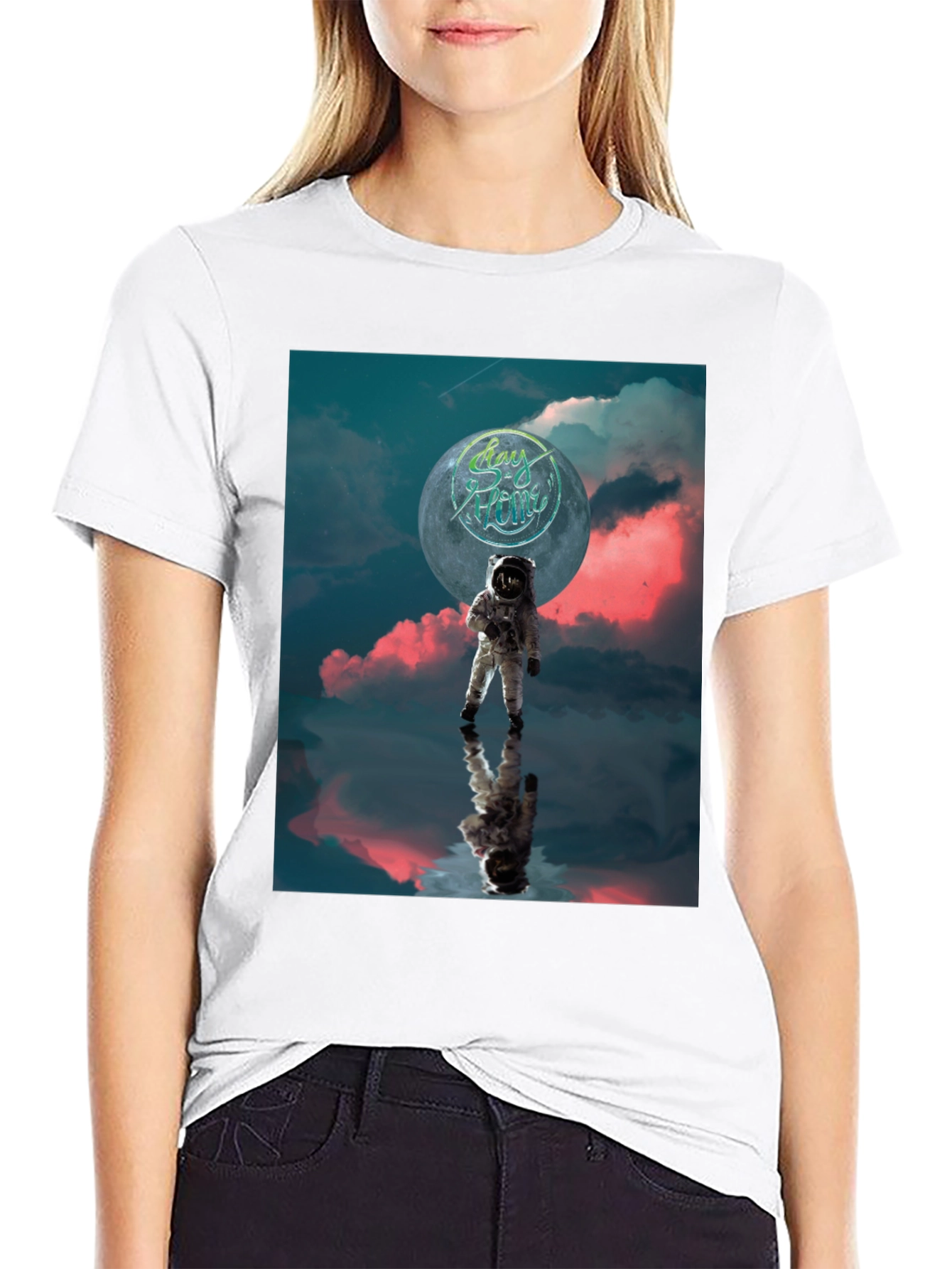Astronaut Stay Home Graphic Black T-Shirt