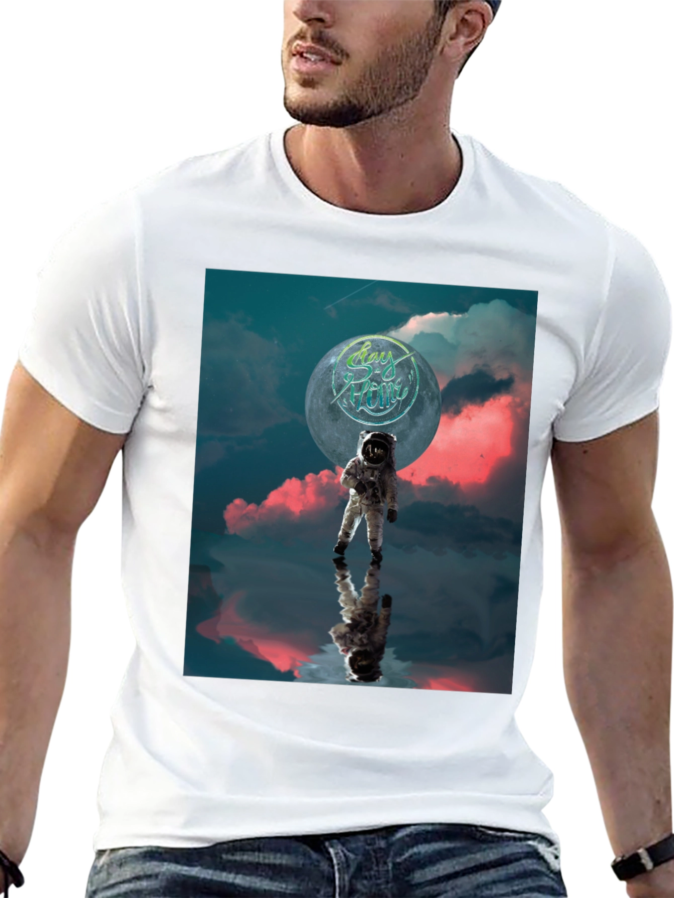 Astronaut Stay Home Graphic Black T-Shirt