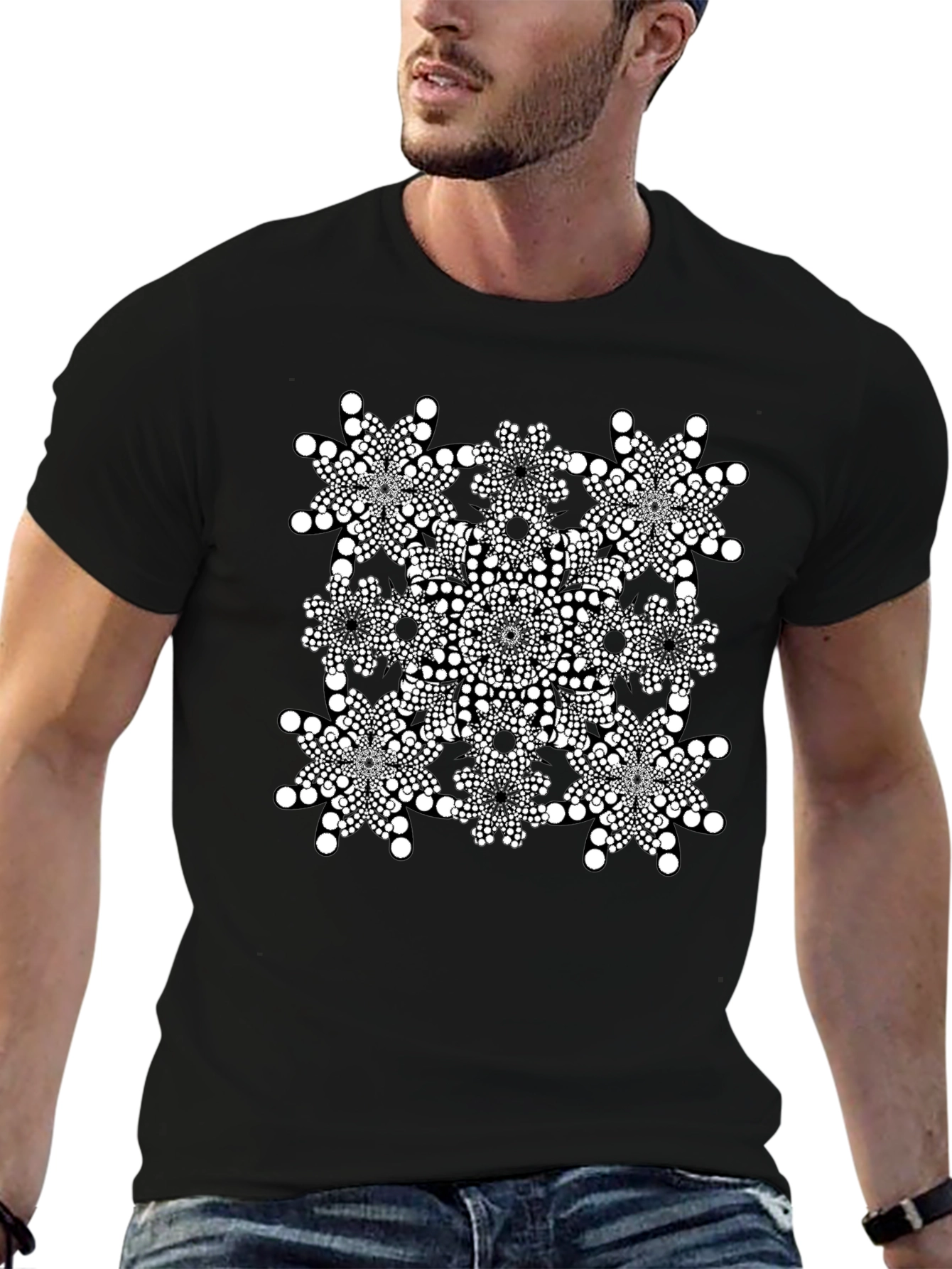 Geometric Dot Mandala Graphic Tee - Black