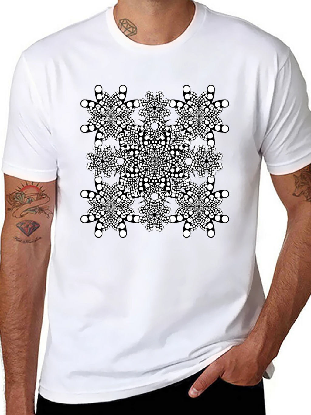 Geometric Dot Mandala Graphic Tee - Black