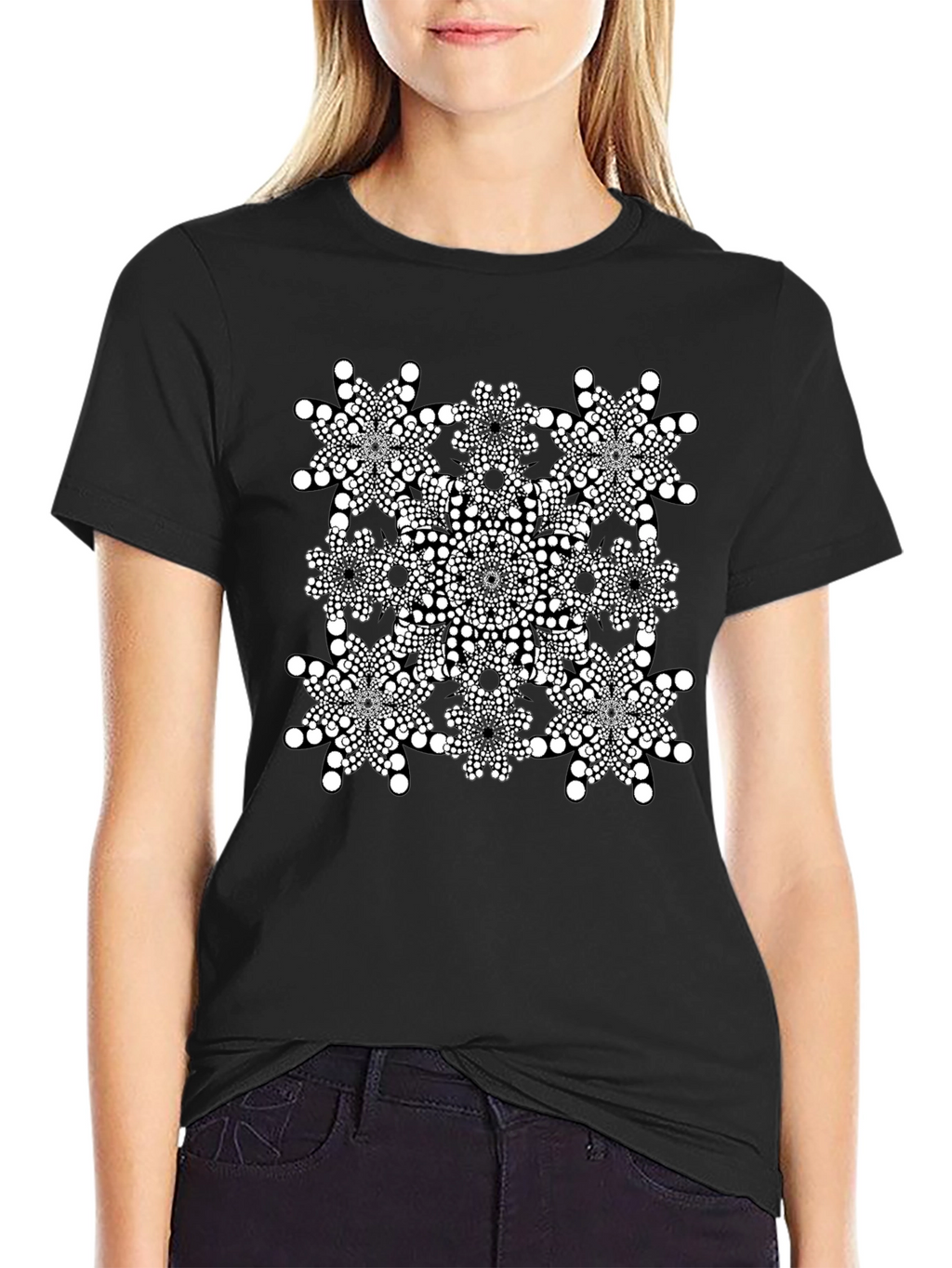 Geometric Dot Mandala Graphic Tee - Black