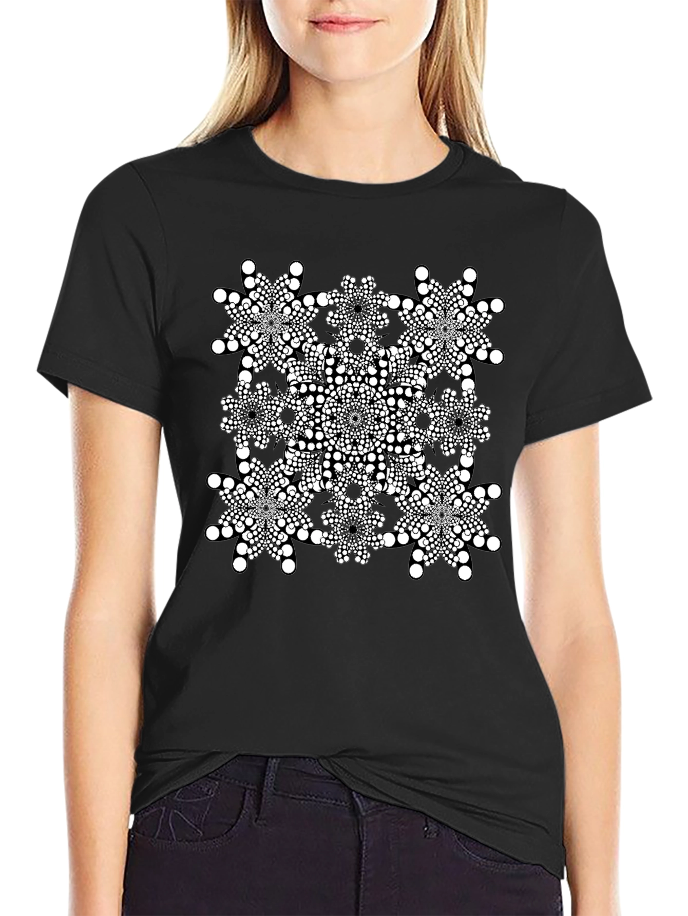 Geometric Dot Mandala Graphic Tee - Black