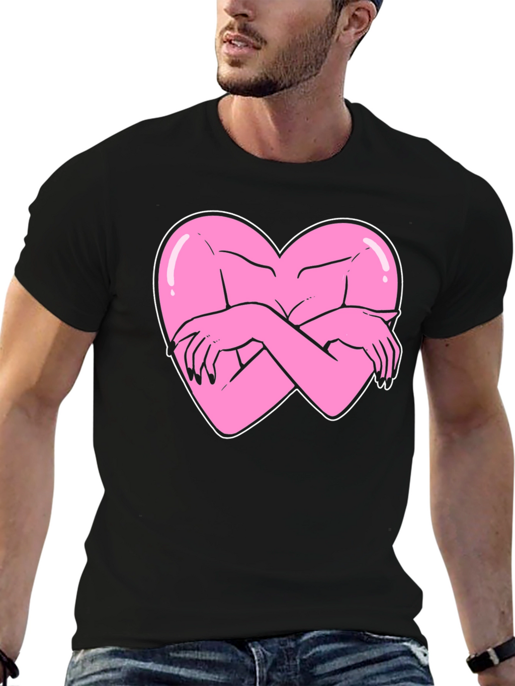 Heart Hug Graphic Tee - Black Cotton T-Shirt