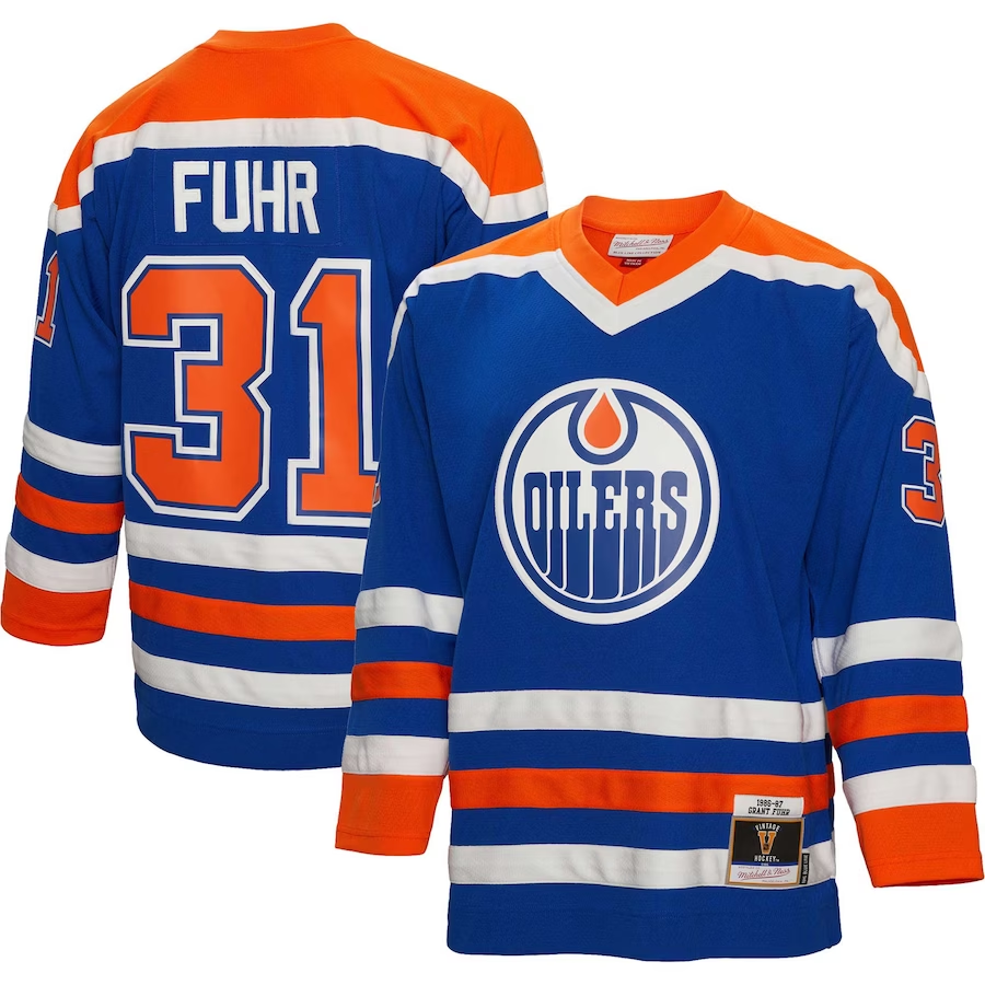 Men's Edmonton Oilers Grant Fuhr Mitchell #31 Ness Royal 1986/87 Blue Line Player Jerseys