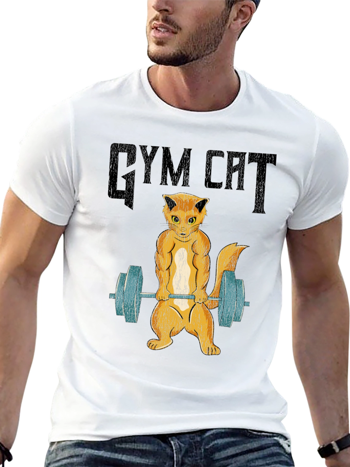 Gym Cat Graphic Tee - Black Cotton T-Shirt