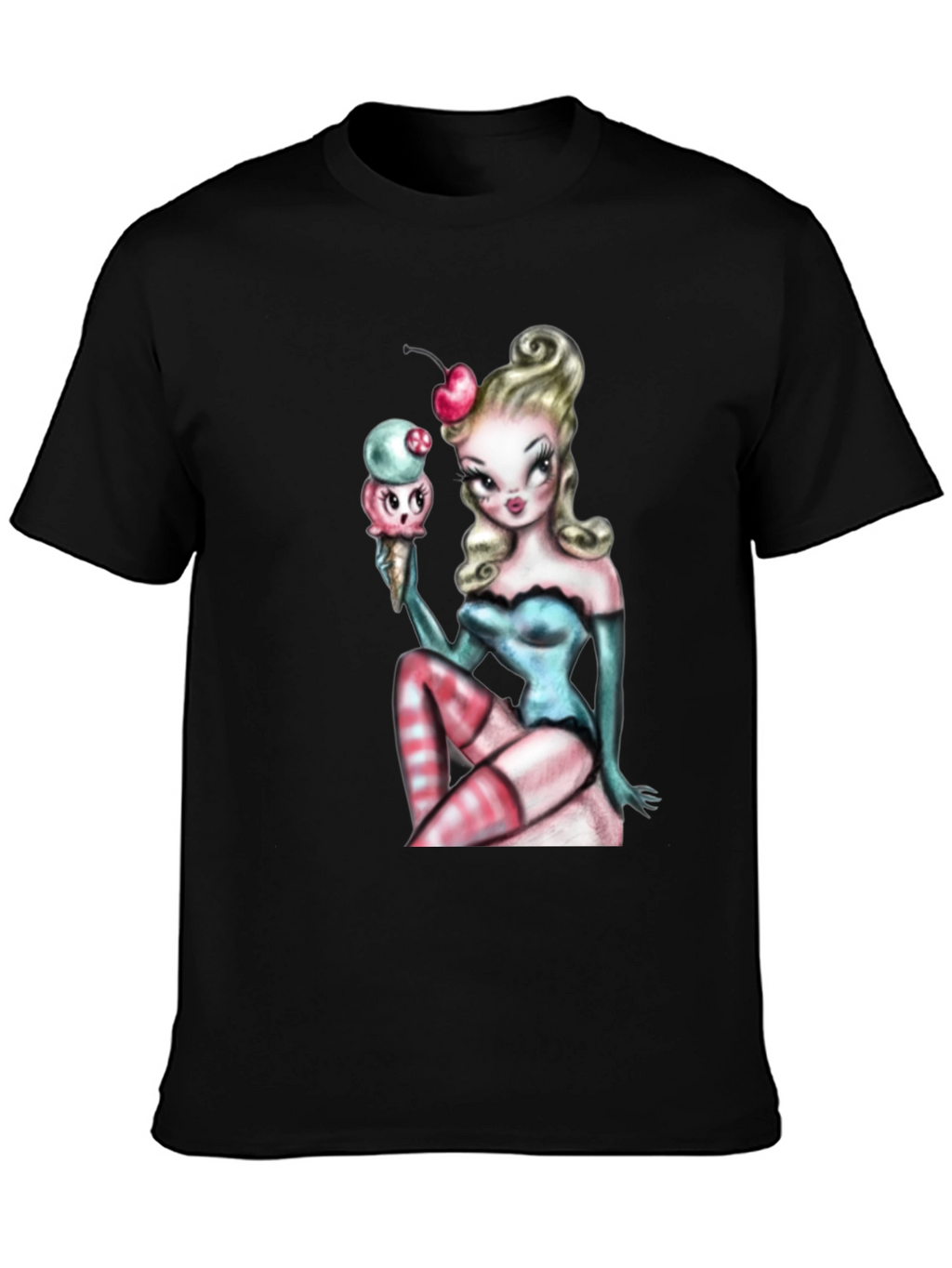 Pin-Up Girl & Ice Cream Graphic T-Shirt - Black