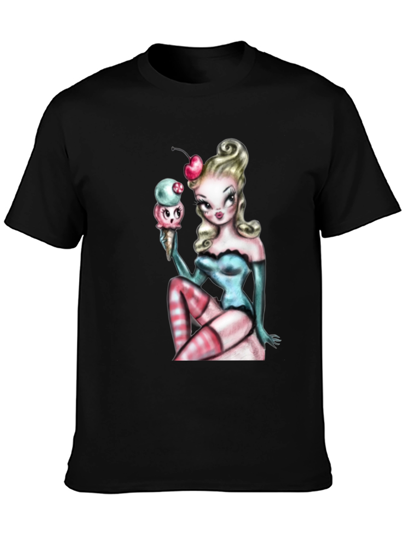 Pin-Up Girl & Ice Cream Graphic T-Shirt - Black