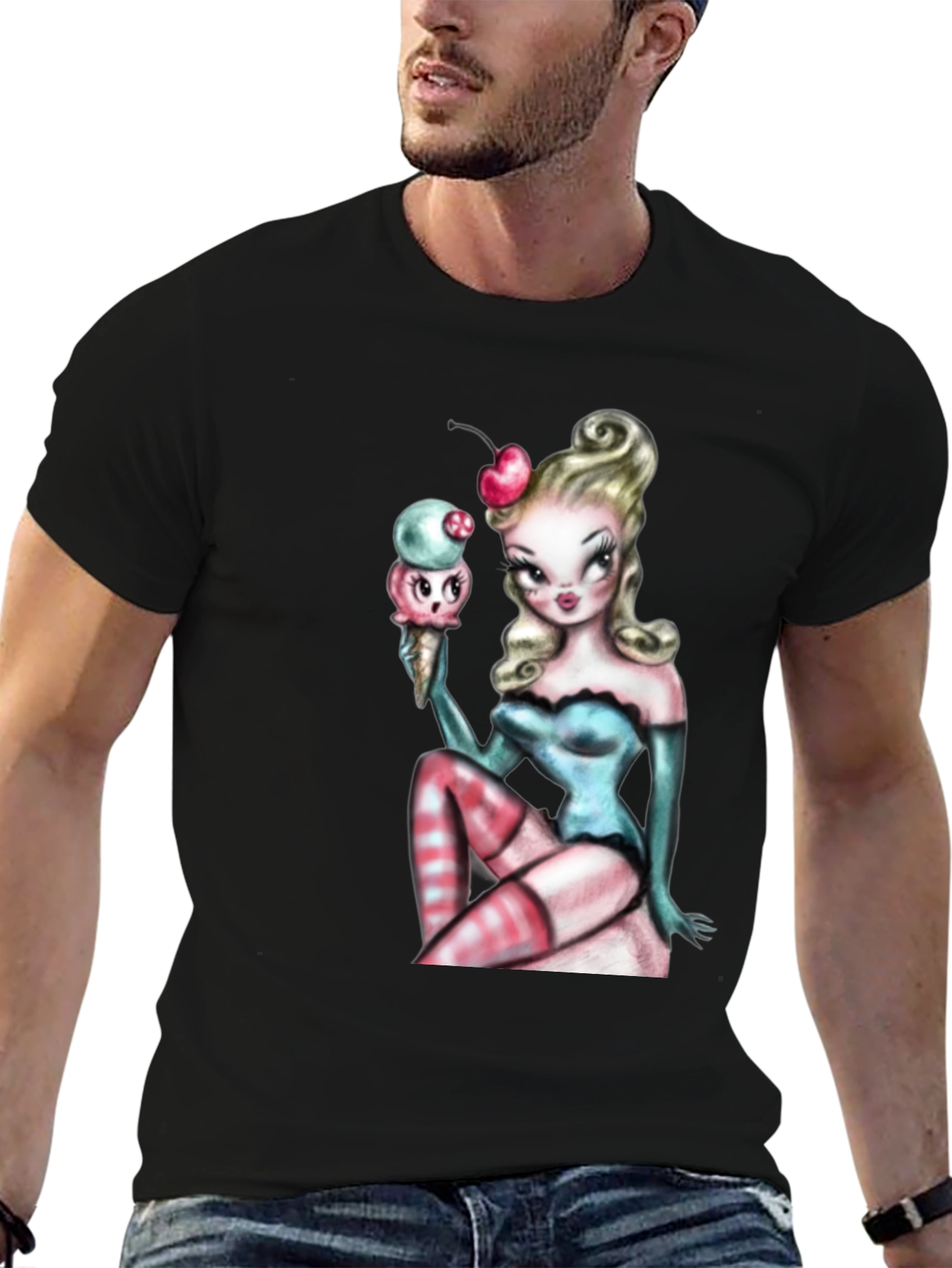 Pin-Up Girl & Ice Cream Graphic T-Shirt - Black