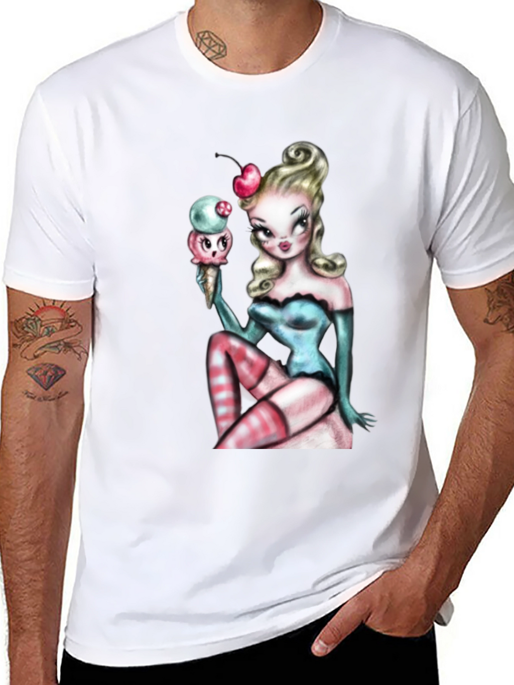 Pin-Up Girl & Ice Cream Graphic T-Shirt - Black