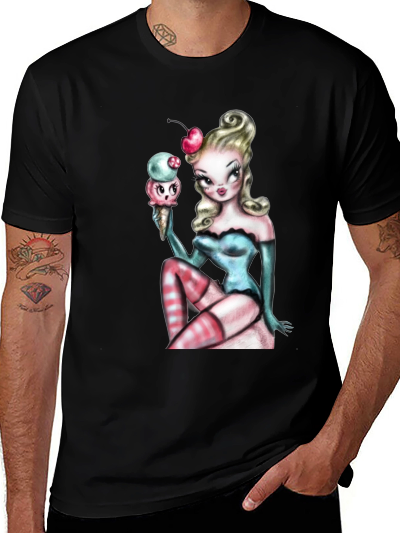 Pin-Up Girl & Ice Cream Graphic T-Shirt - Black