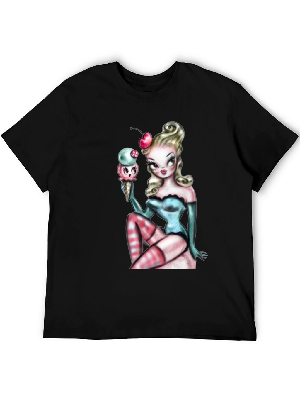 Pin-Up Girl & Ice Cream Graphic T-Shirt - Black