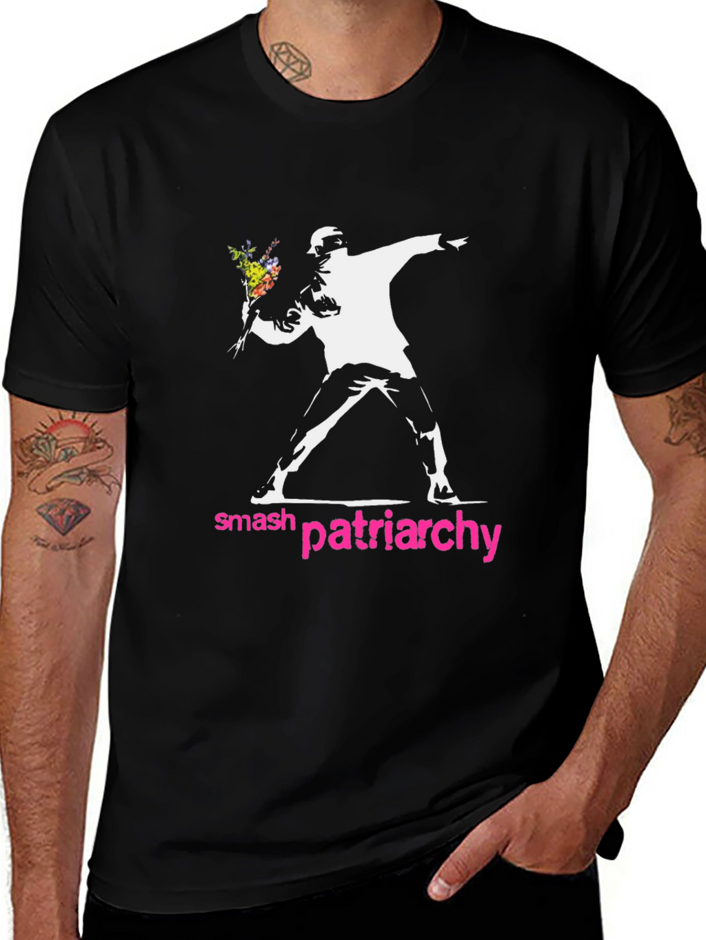 Smash Patriarchy T-Shirt Banksy Style Flowers