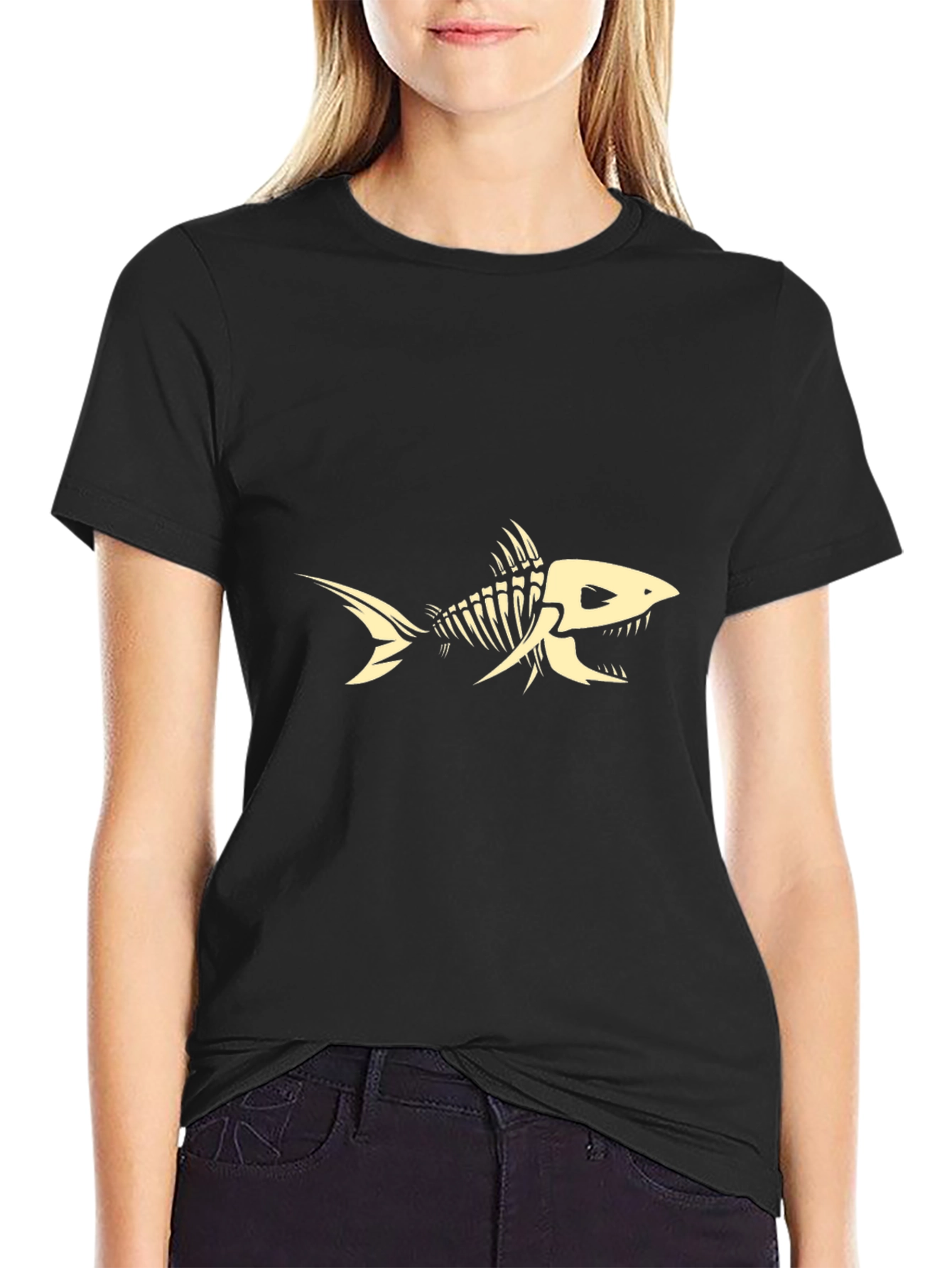 Skeleton Fish Graphic Tee - Black Cotton