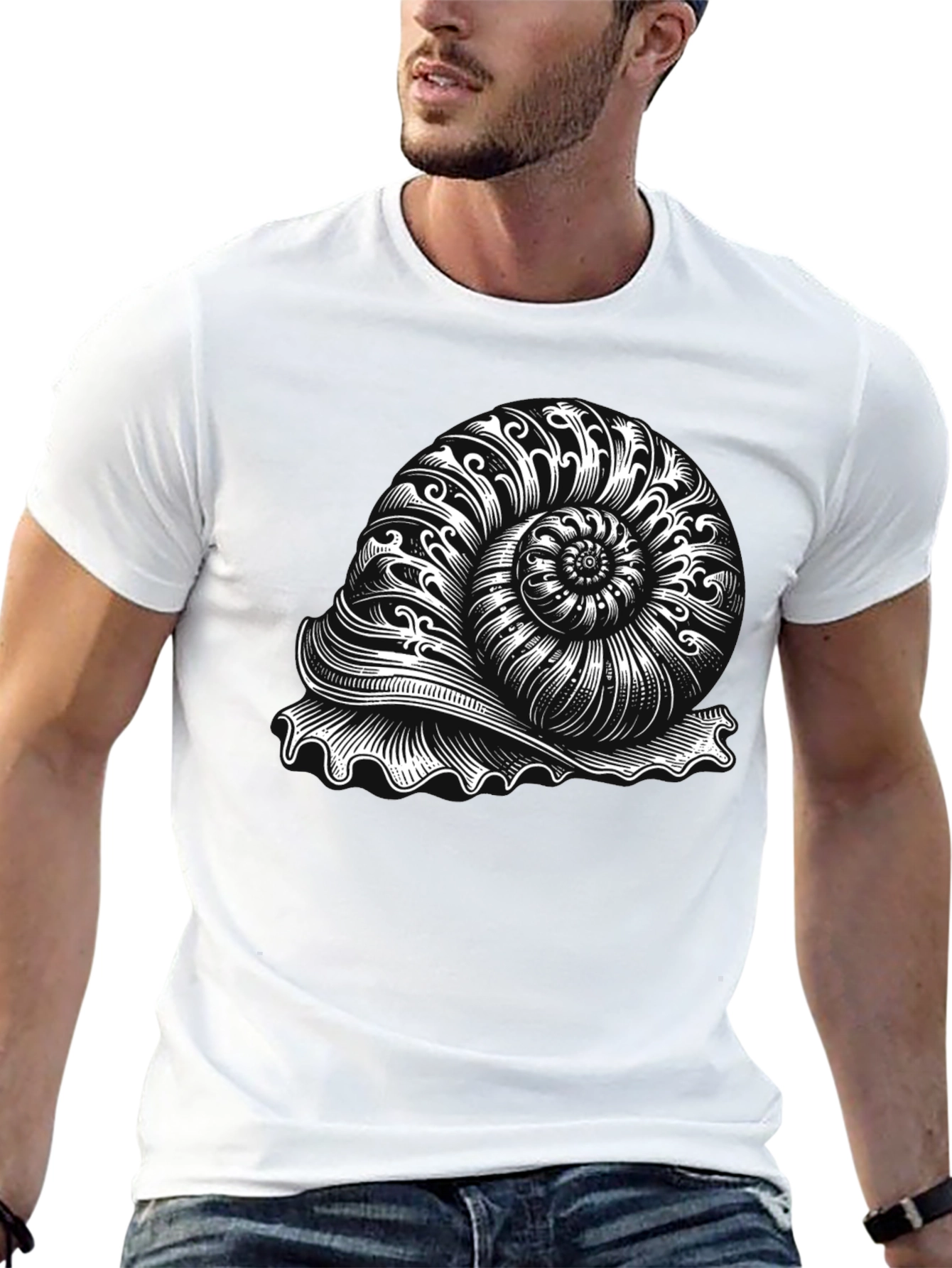 Nautilus Shell Graphic Tee - Black Cotton T-Shirt